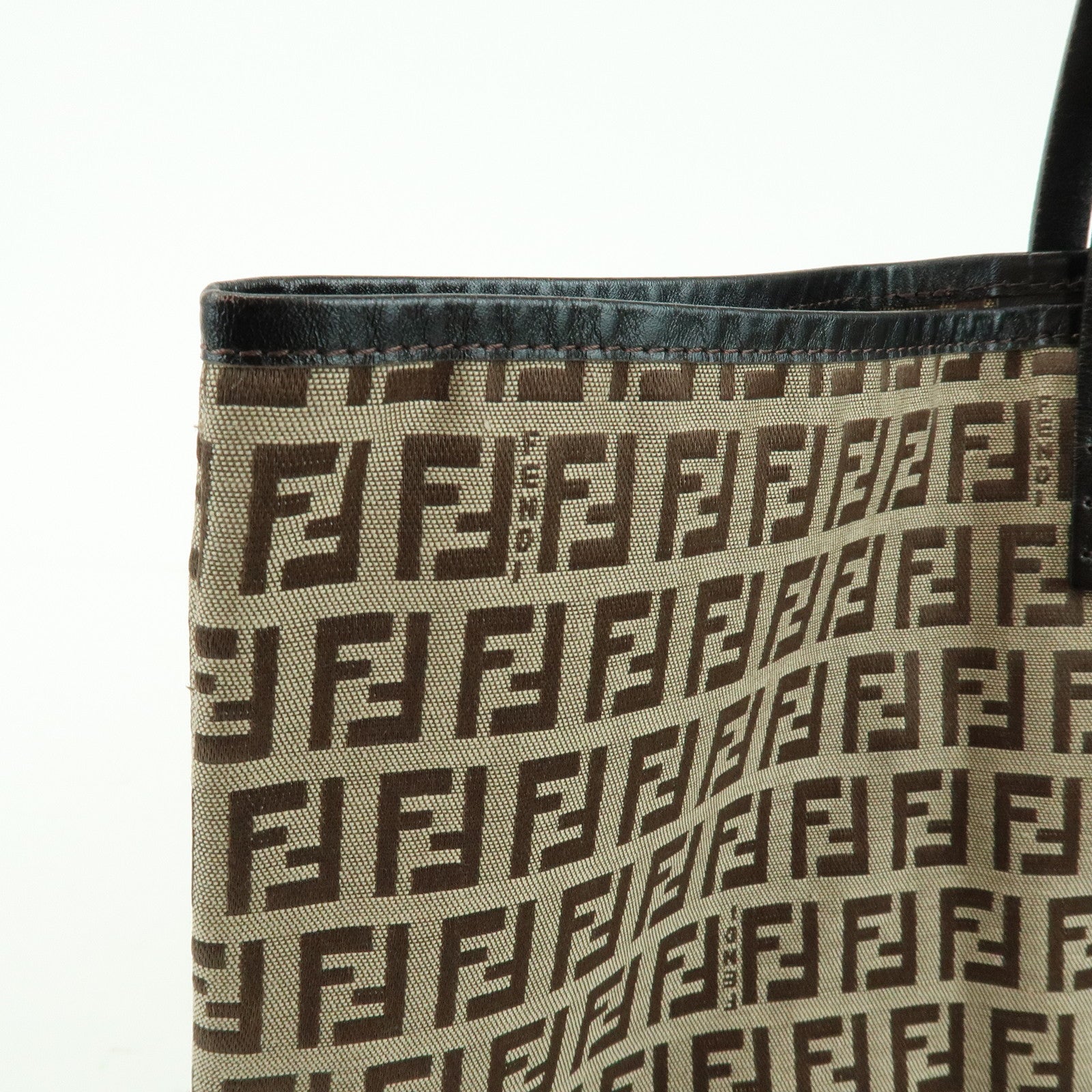 FENDI Zucchino Canvas Leather Tote Bag Shoulder Bag Brown