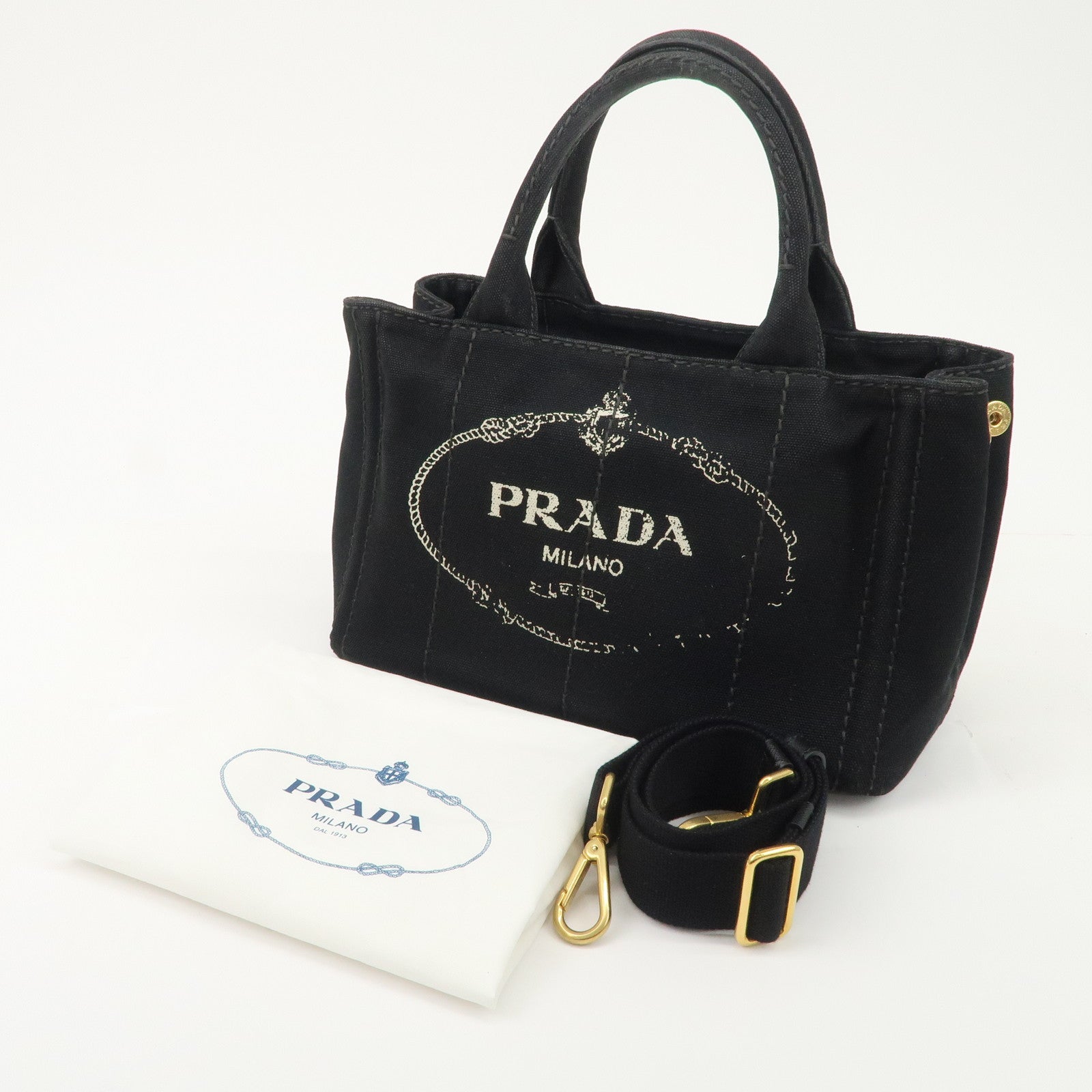 PRADA Logo Canapa Denim 2 Way Tote Bag Hand Bag Black B2642B Used