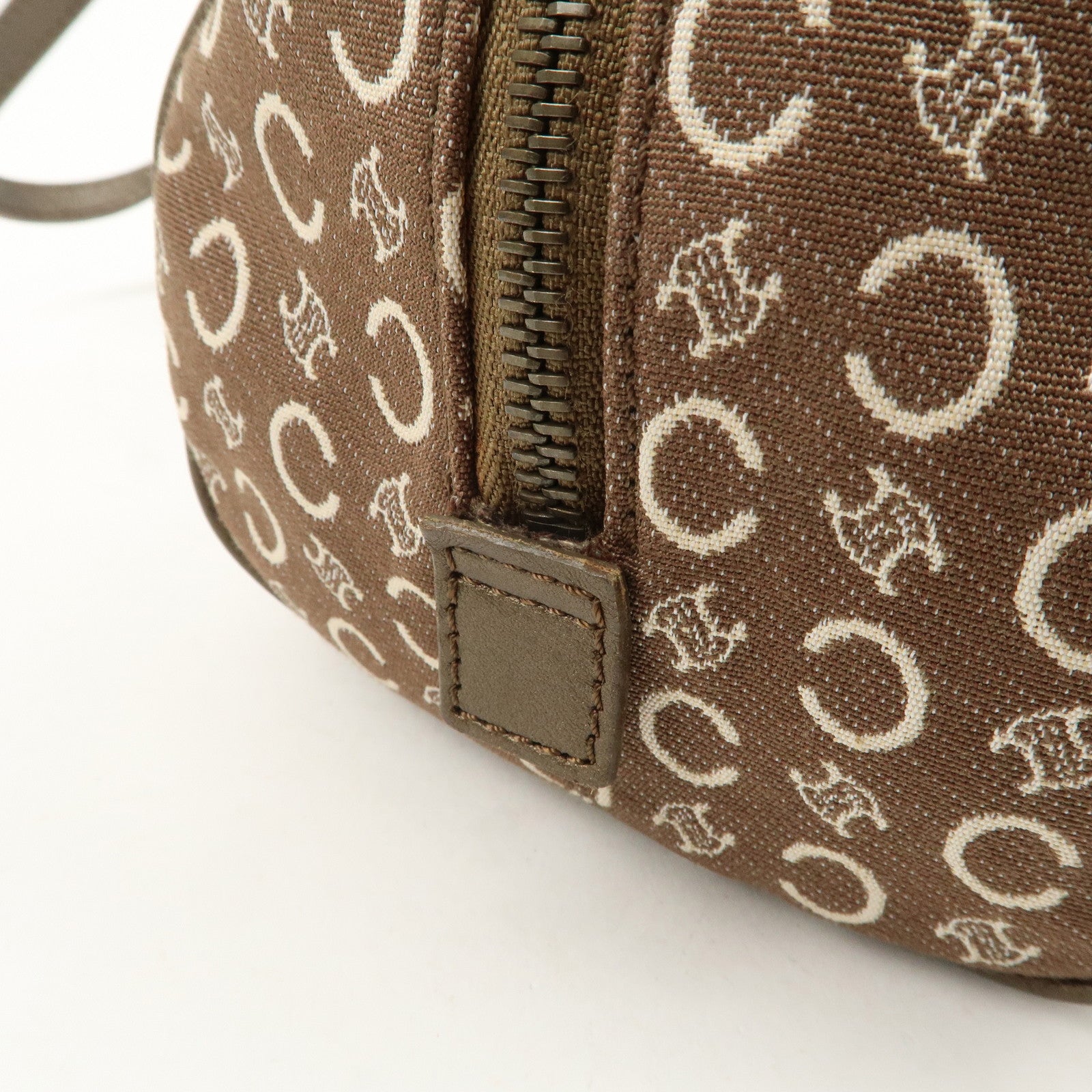 CELINE C Macadam Canvas Leather Boston Bag Hand Bag Brown White Used
