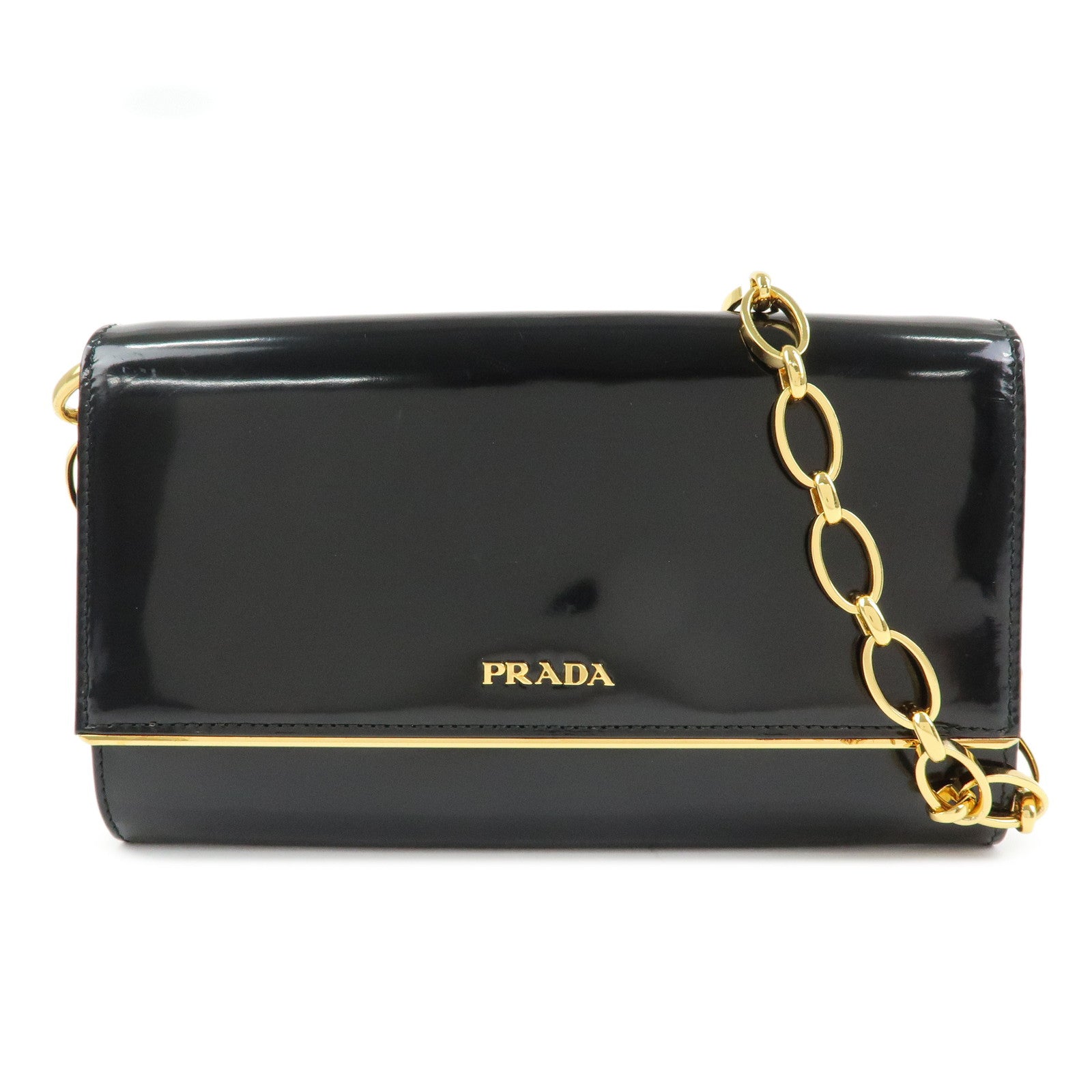 Prada Patent Leather Chain Long Wallet Shoulder Bag Black BT0920