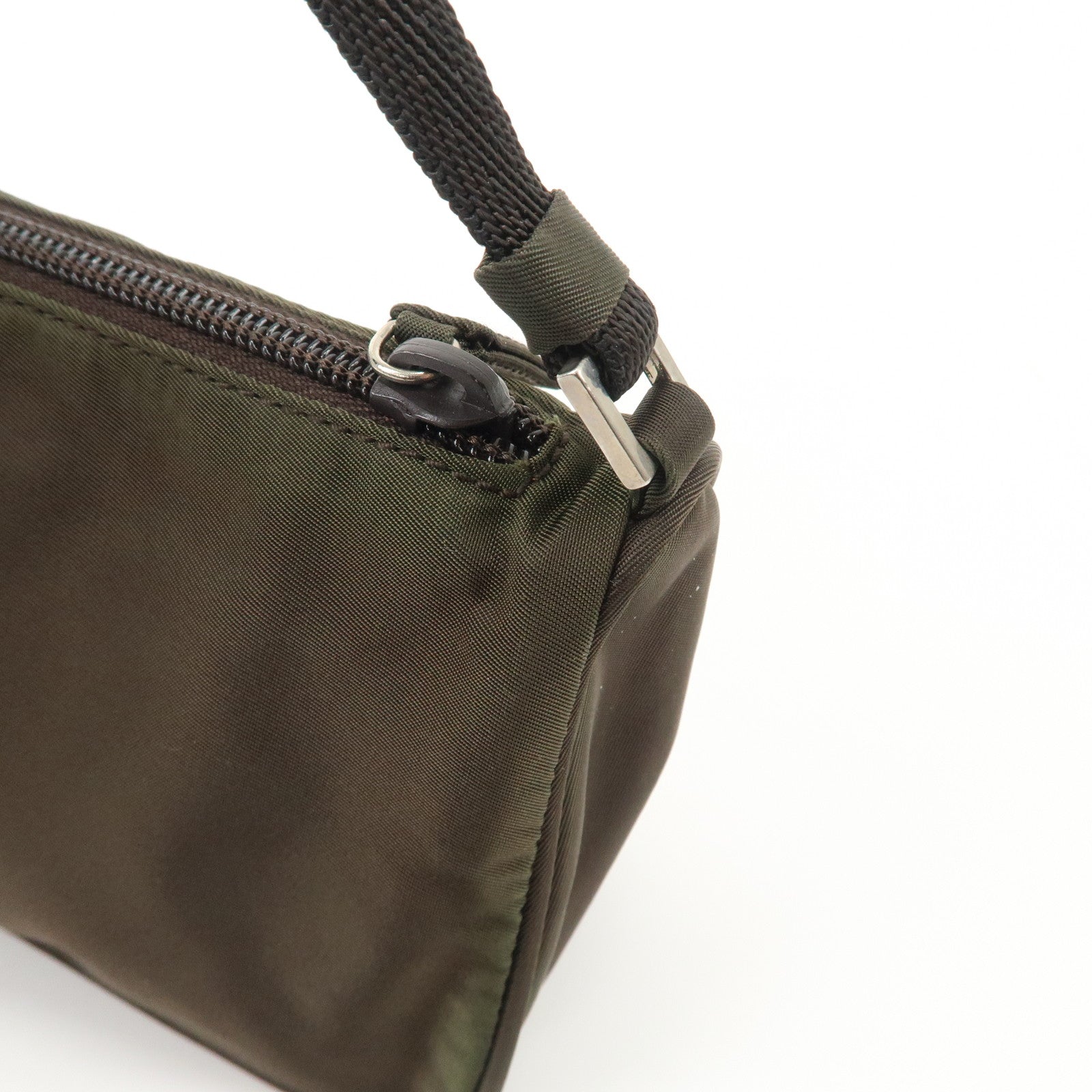 PRADA Triangle Logo Nylon Leather Accessory Pouch Hand Bag Khaki Silver HDW Used