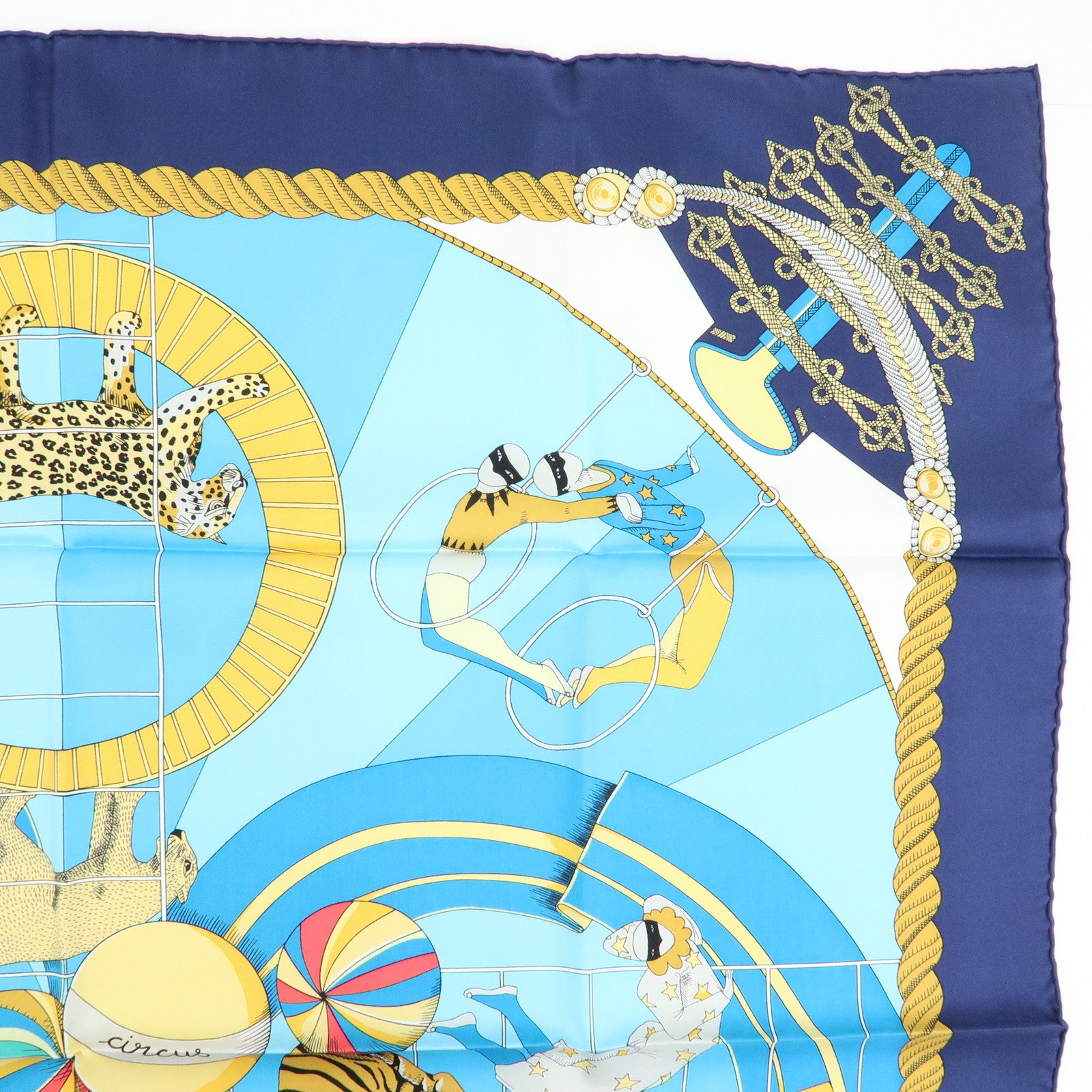 HERMES Carre 90 Silk 100% Scarf Circus Blue Yellow White