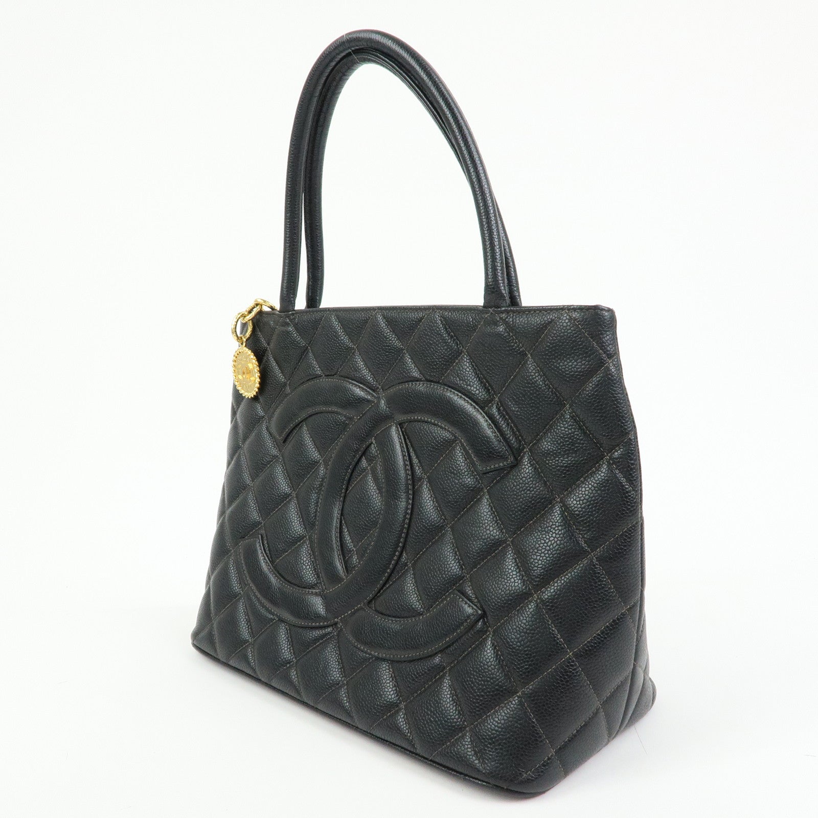 CHANEL Matelasse COCO Mark CaviarSkin Medallion Tote Bag Black A01804