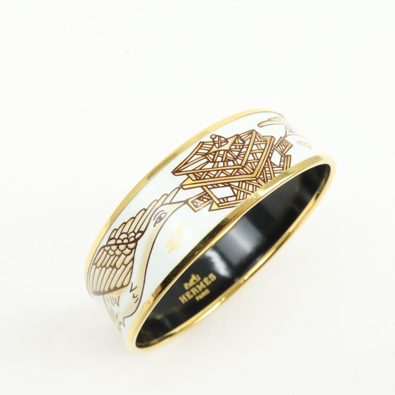 HERMES Email GM Gold Plated Bangle Bracelet Bird White Gold