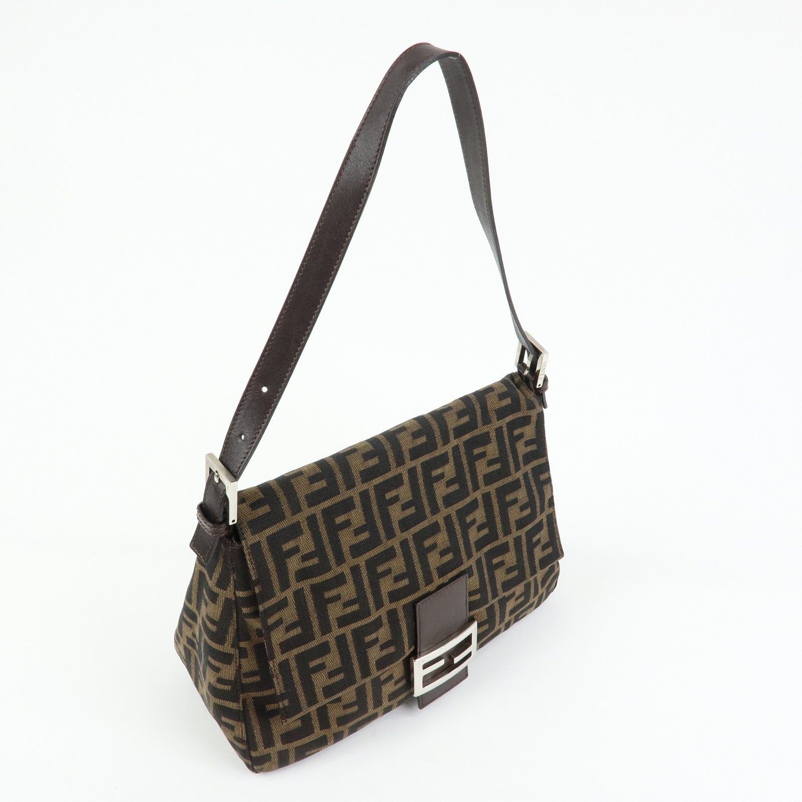 FENDI Mamma Baguette Zucca Canvas Leather Shoulder Bag Brown 26325