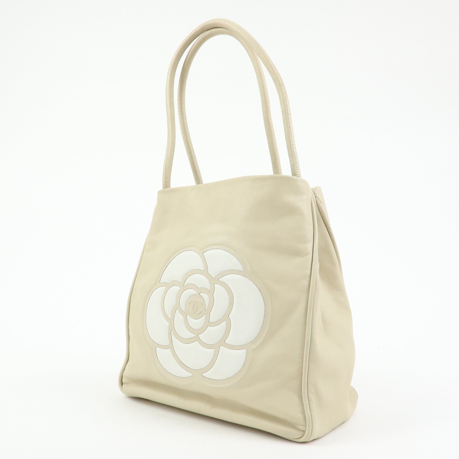 CHANEL Logo Camellia Leather Tote Bag Shoulder Bag Beige A20856