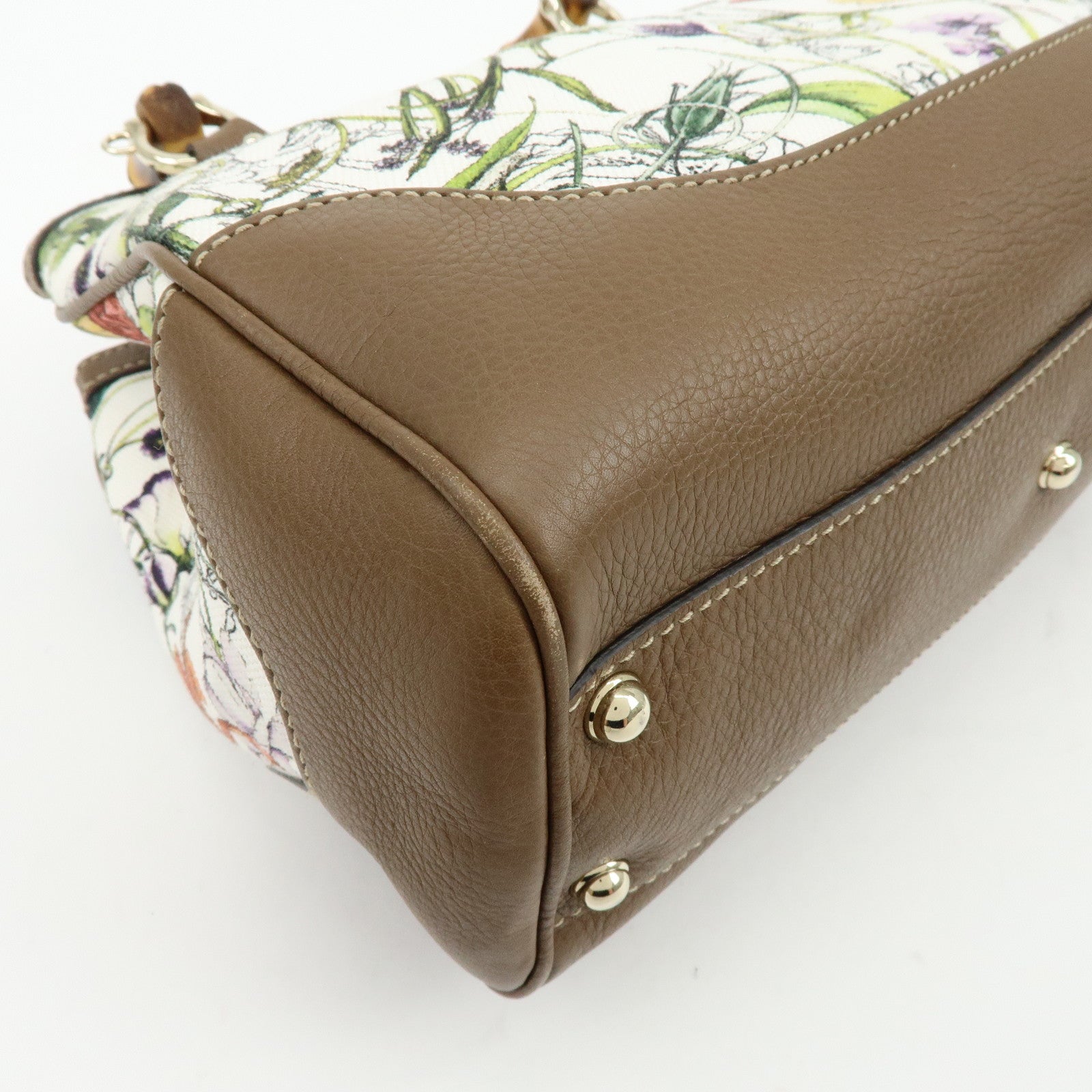 GUCCI Bamboo Canvas Leather 2Way Hand Bag Flower Print Brown 308360