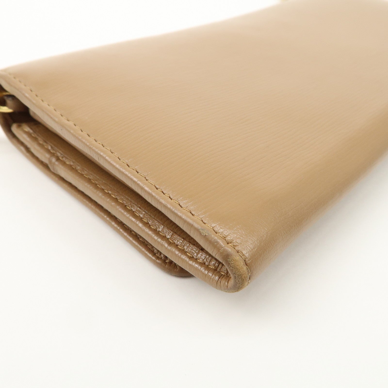 PRADA Logo Leather Chain Wallet WOC Beige Gold Hardware 1MT290 Used