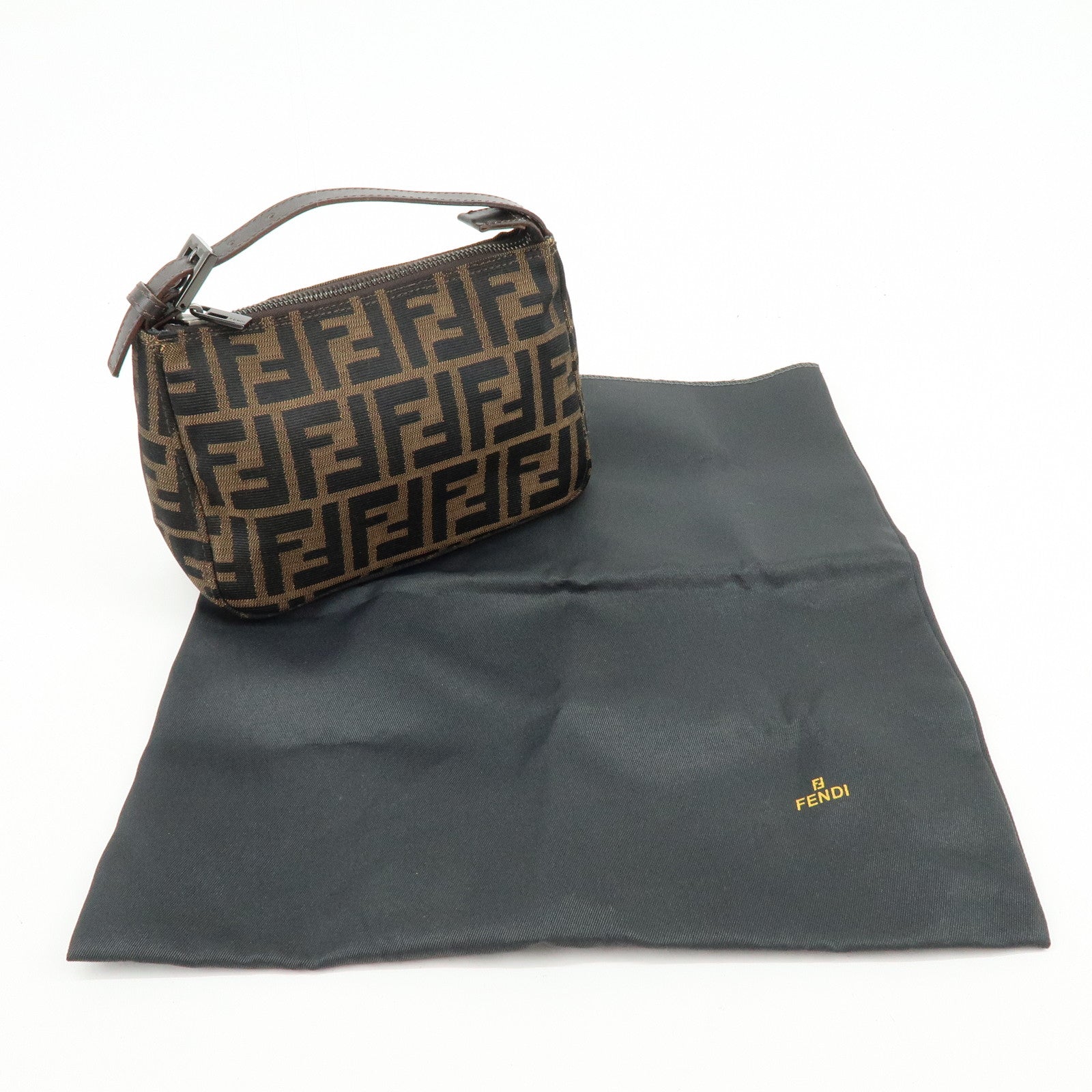 FENDI Zucca Canvas Leather Mini Pochette Pouch Hand Bag Brown 8N0001