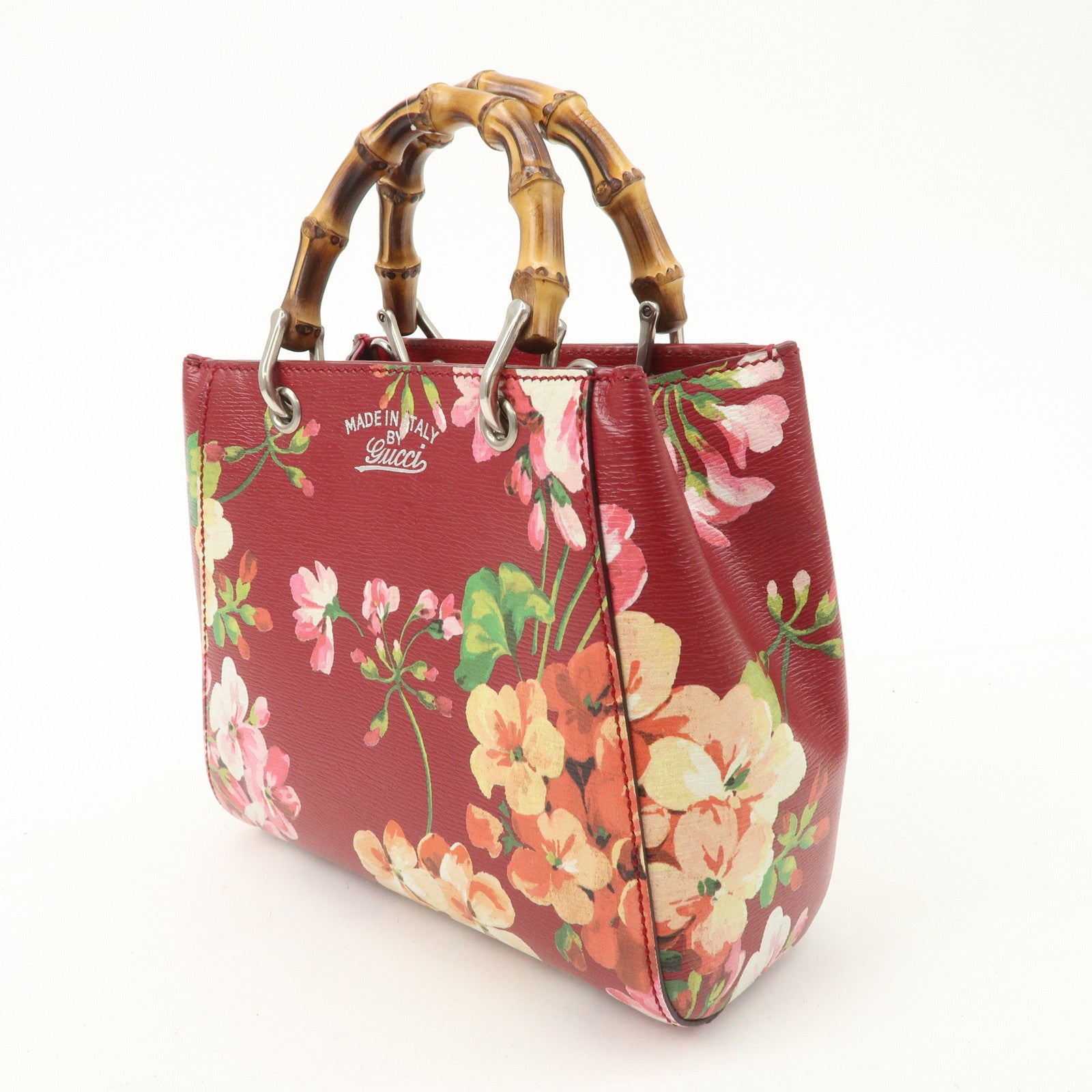 GUCCI Bamboo Leather Flower Mini Shopper 2Way Hand Bag Red 368823 Used