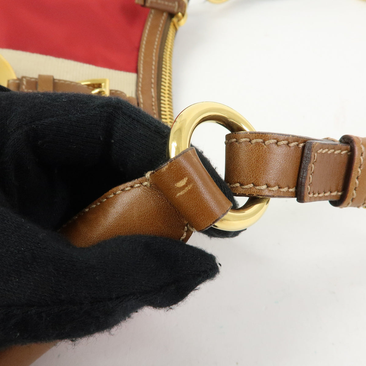 PRADA Triangle Logo Nylon Leather Shoulder Bag Red Beige Brown