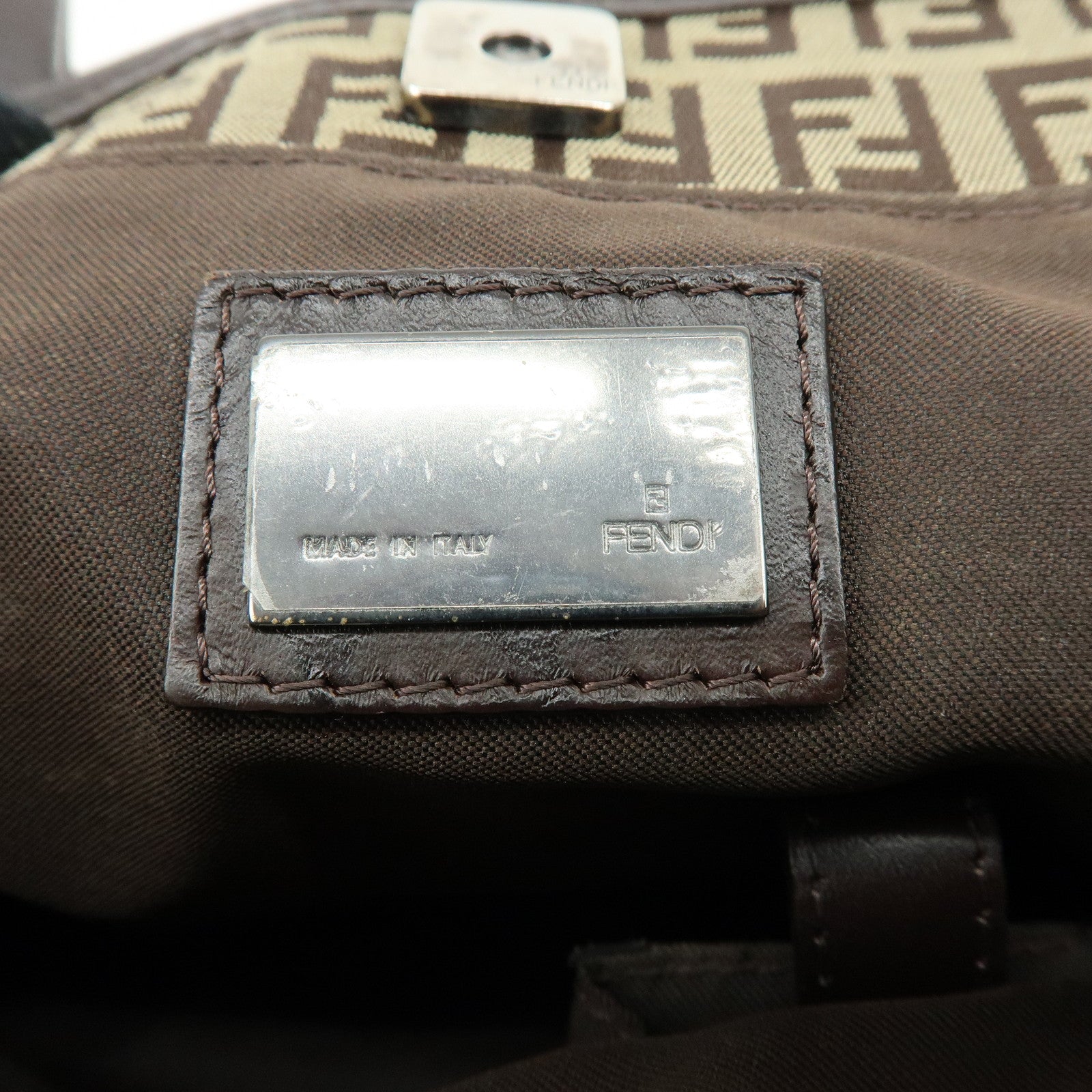 FENDI Zucchino Canvas Leather Tote Bag Hand Bag Shoulder Bag Brown