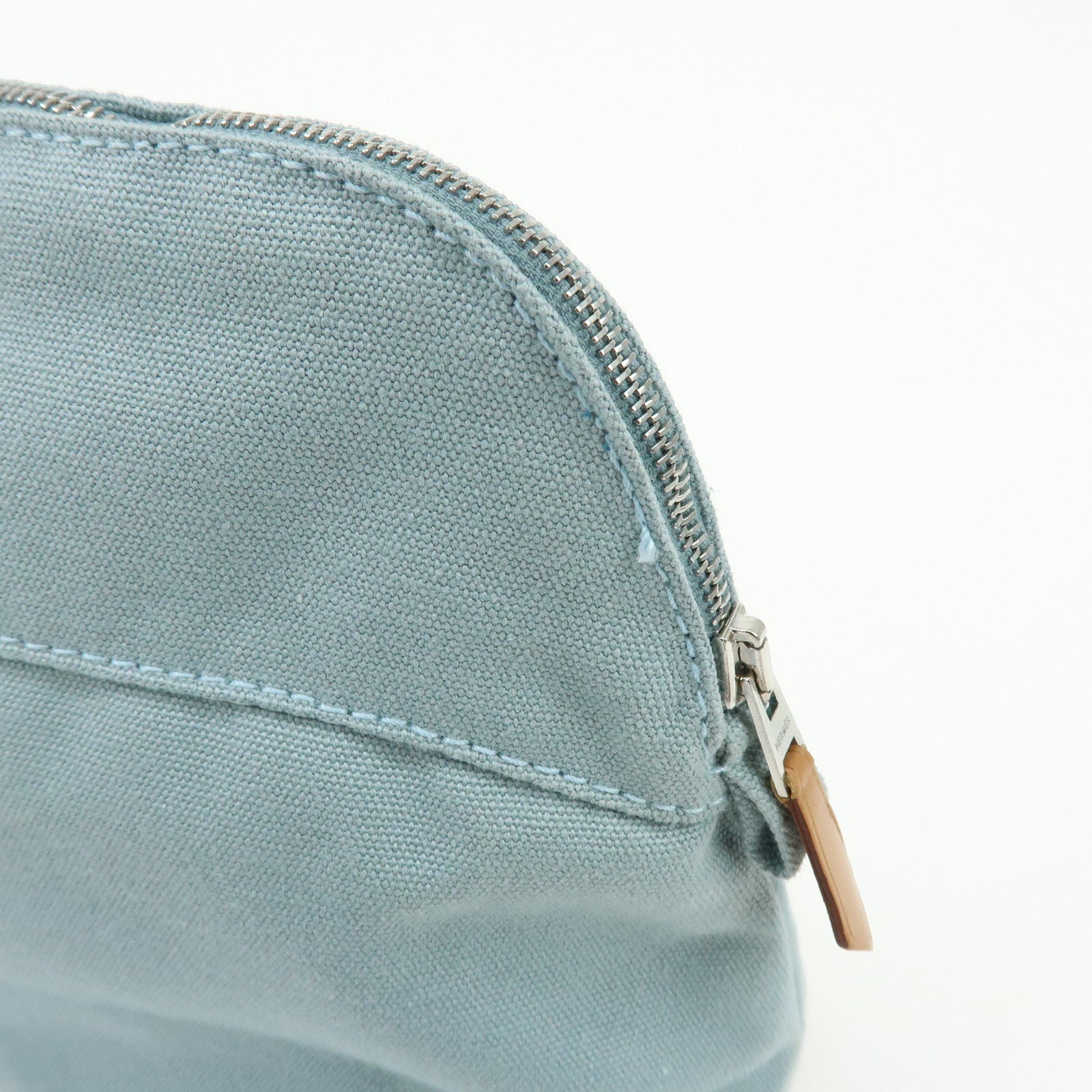 HERMES Bolide Pouch MM Cotton Leather Cosmetic Pouch Light Blue Brown