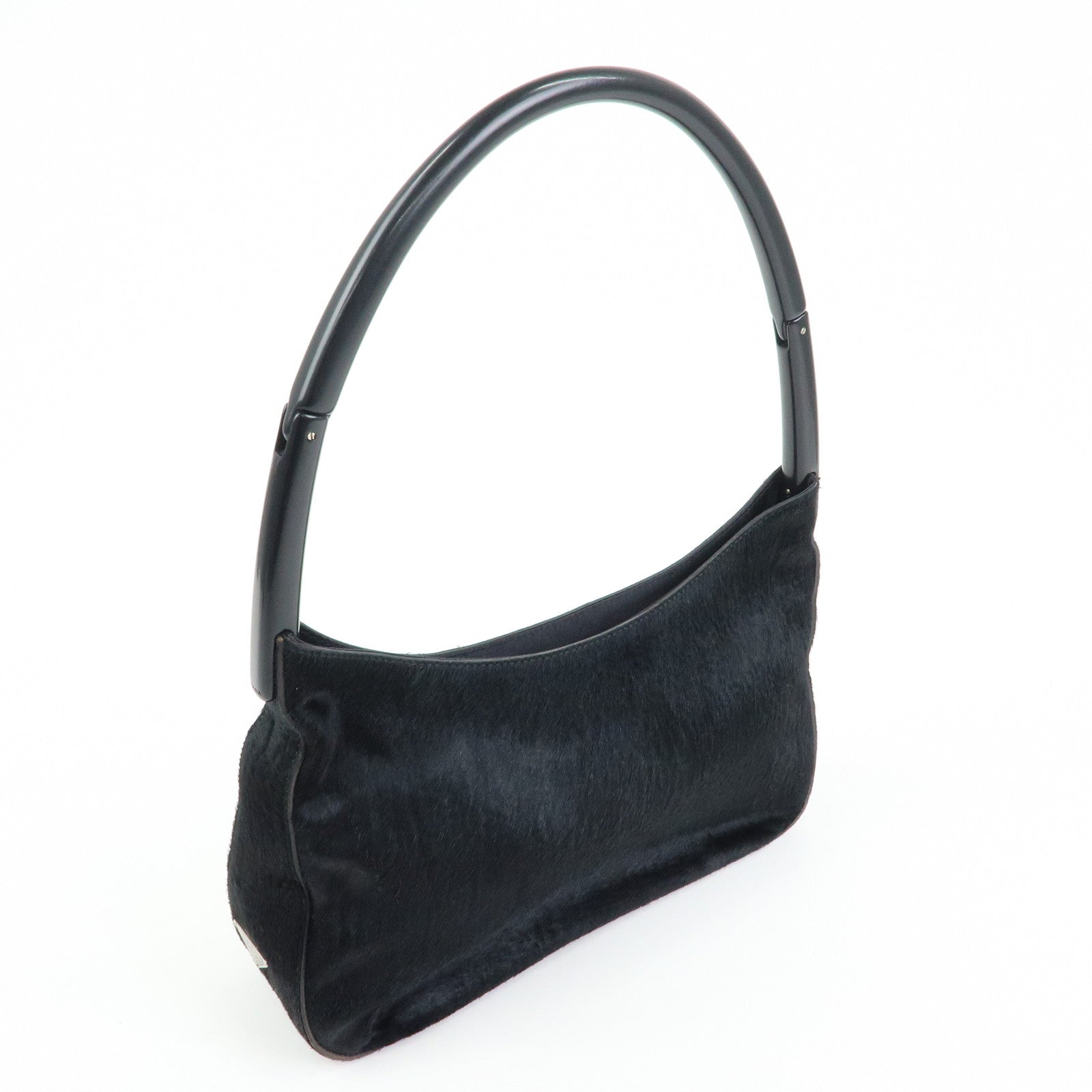 PRADA Triangle Logo Unborn Calf Shoulder Bag Black B8456