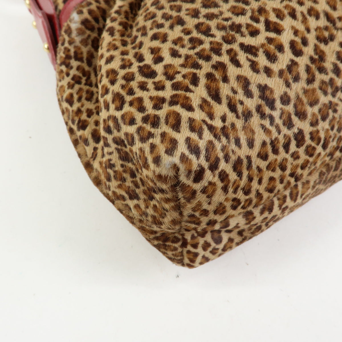 FENDI Pony Hair Leather Leopard Shoulder Bag Hand Bag Brown Red 8BR448