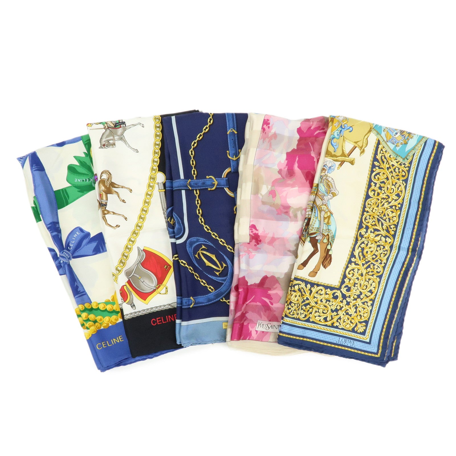 CELINE LOEWE Cartier YSL Silk 100% Scarf Lot Navy Blue Pink