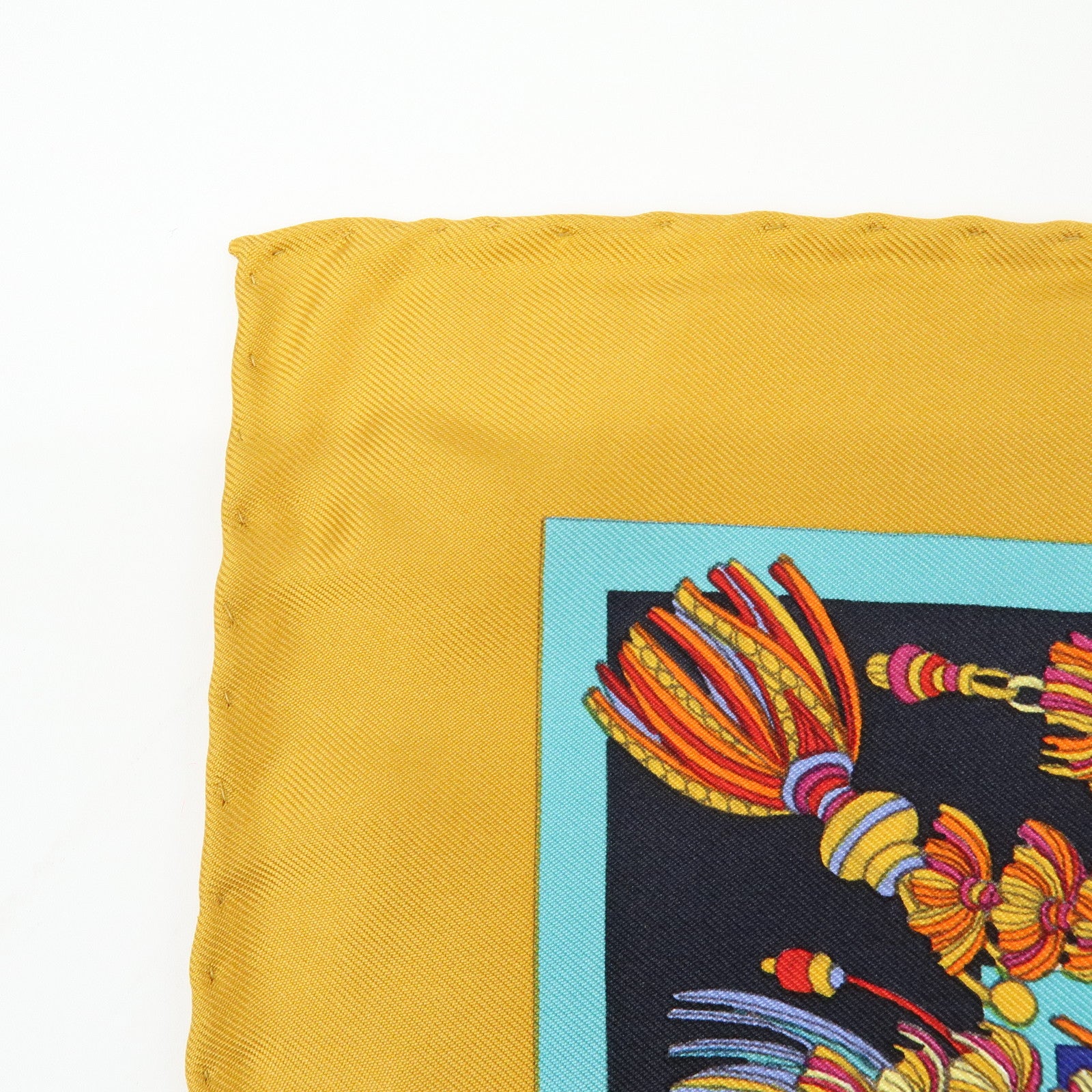 GUCCI Silk 100% Scarf Tassel Motif Black Yellow Multicolor
