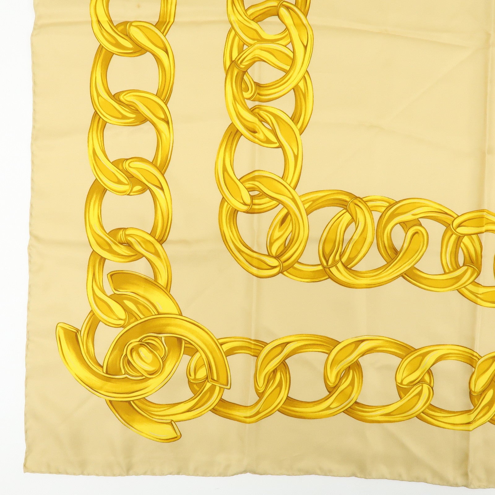 CHANEL Silk 100% Scarf Gold Chian Motif Beige Gold