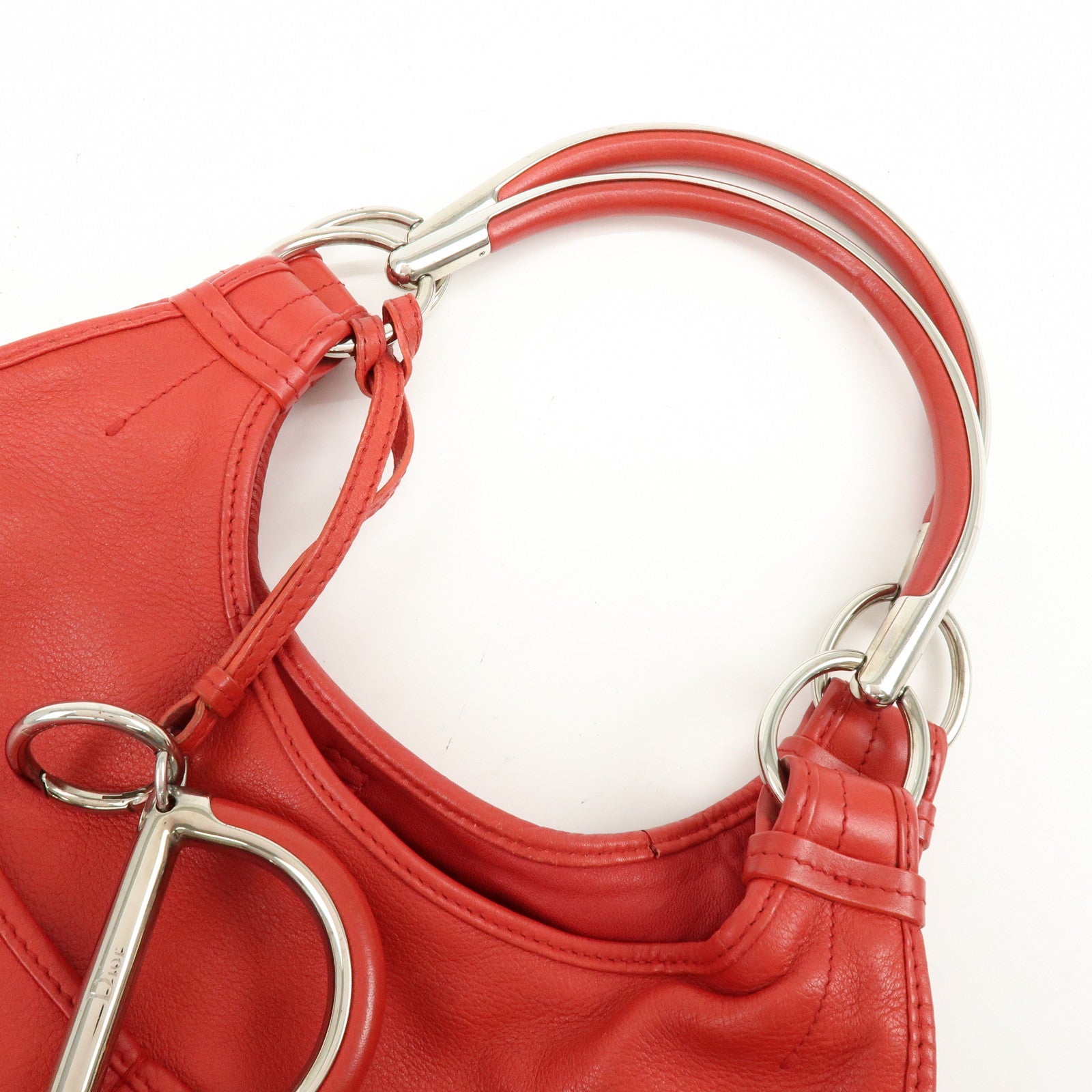 Christian Dior Leather Shoulder Bag Hand Bag D-charm Red