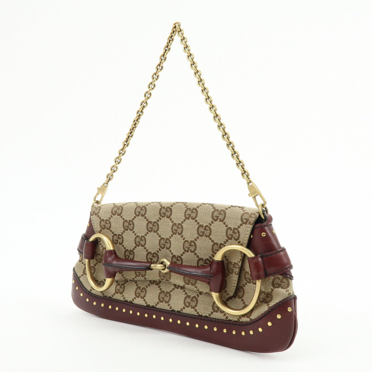 GUCCI Horsebit GG Canvas Leather Chain Hand Bag Brown Bordeaux 119186