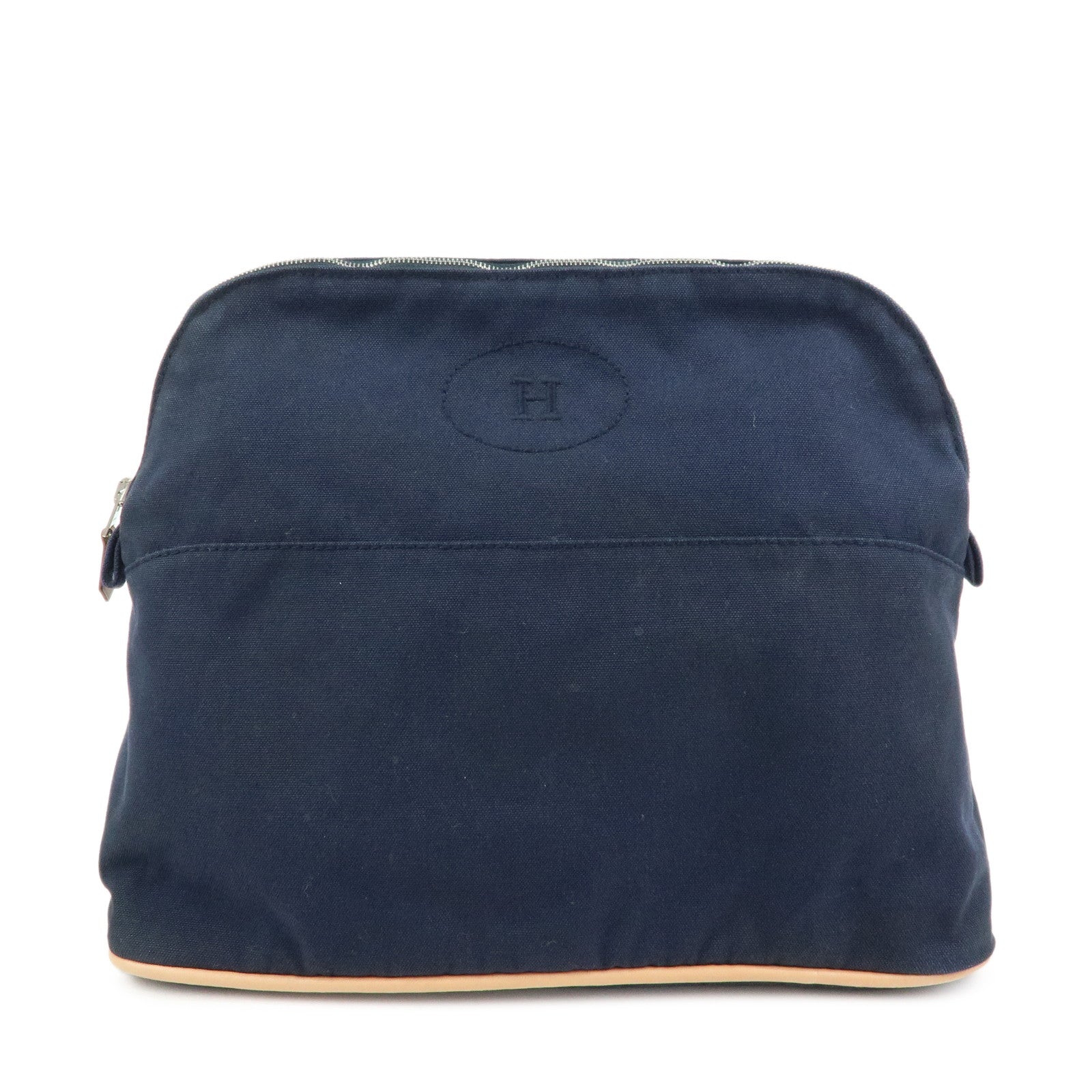 HERMES Bolide Pouch GM Cotton Leather Cosmetic Pouch Navy