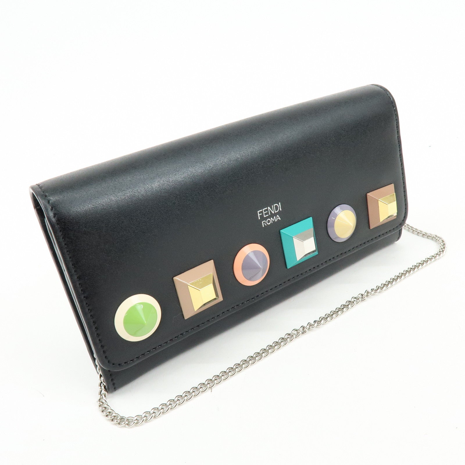 FENDI Leather Studs Chain Shoulder Wallet Long Wallet Black 8M0365