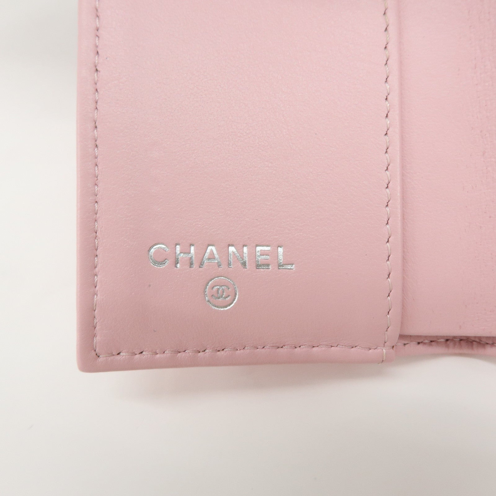 CHANEL COCO Mark Wild Stitch Calf Skin Tri-Fold Compact Wallet Pink