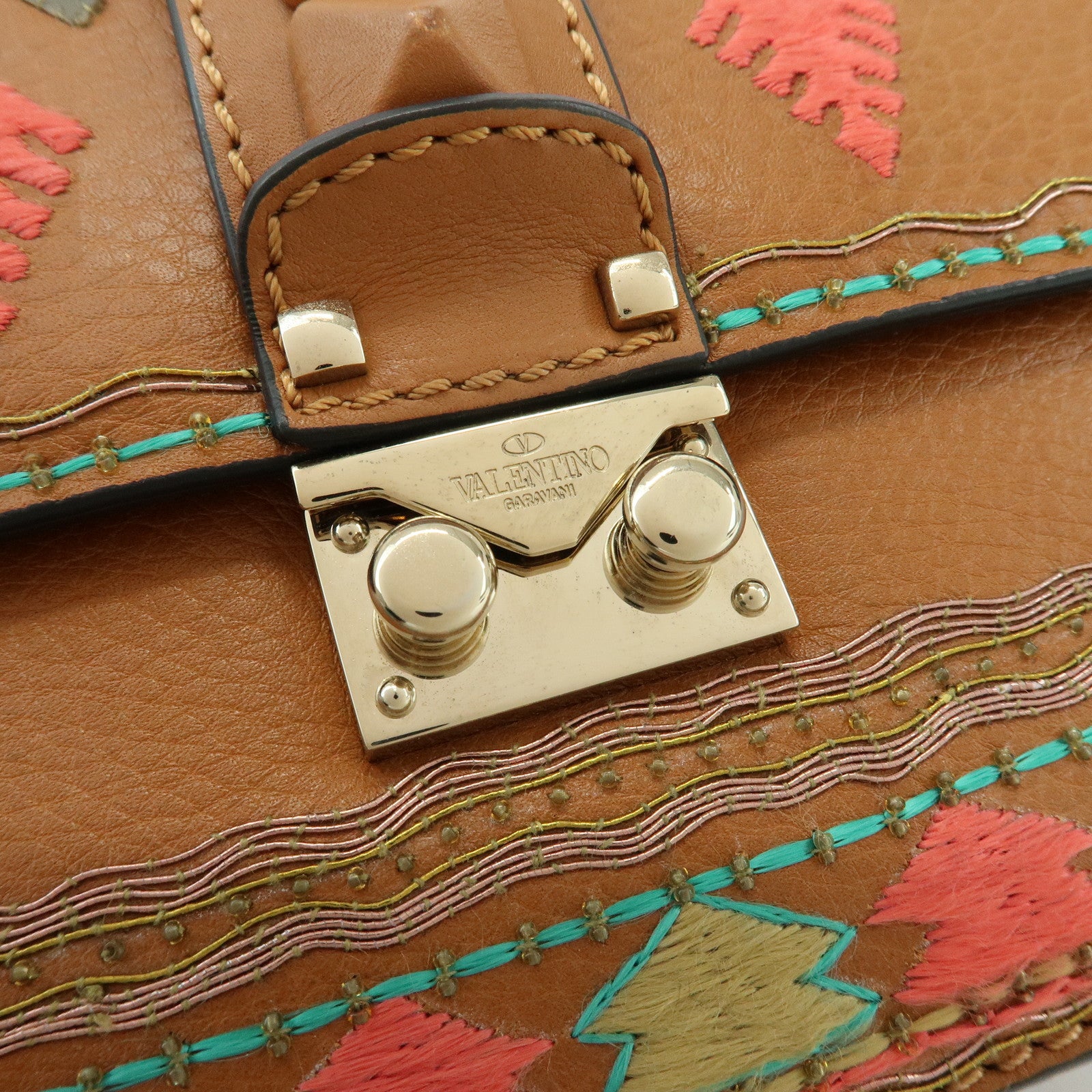 VALENTINO Glam Lock Embroidery Leather Chain Shoulder Bag Brown