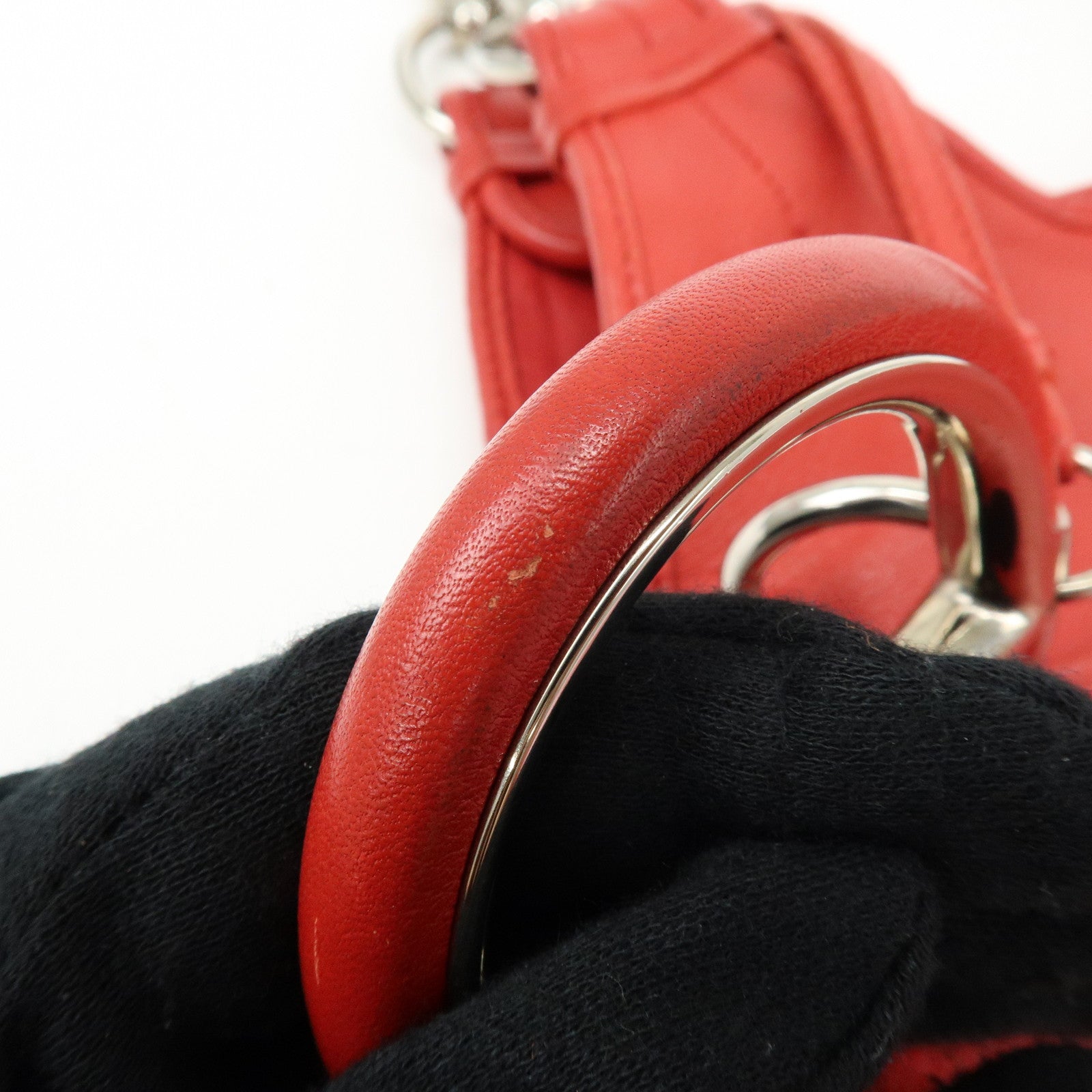 Christian Dior Leather Shoulder Bag Hand Bag D-charm Red