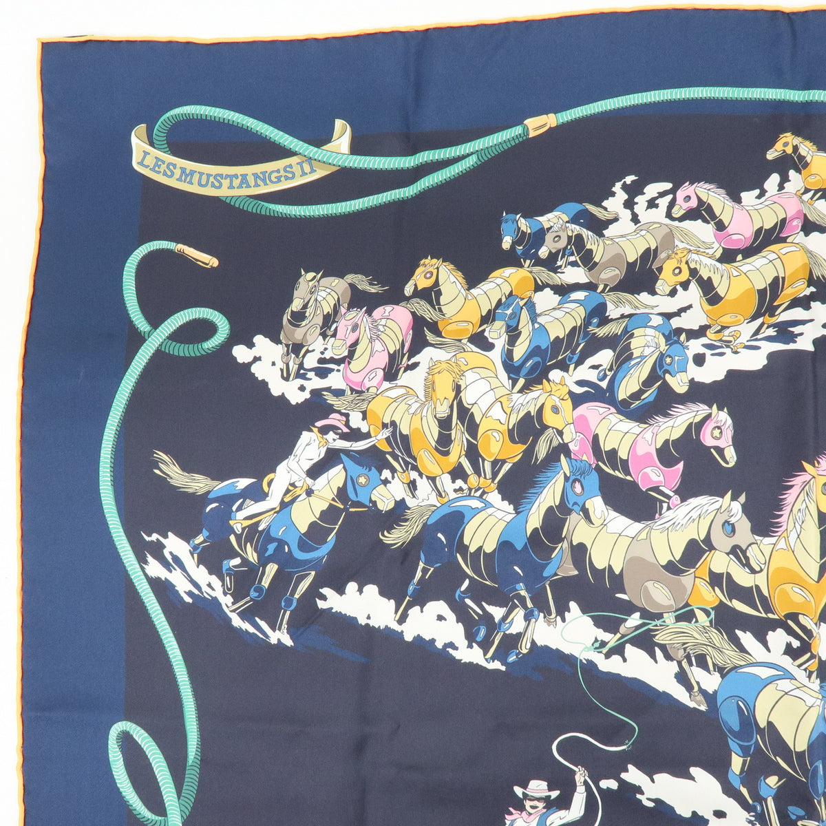HERMES Carre Double Face 90 Silk 100% Scarf Les Mustangs Marble Navy