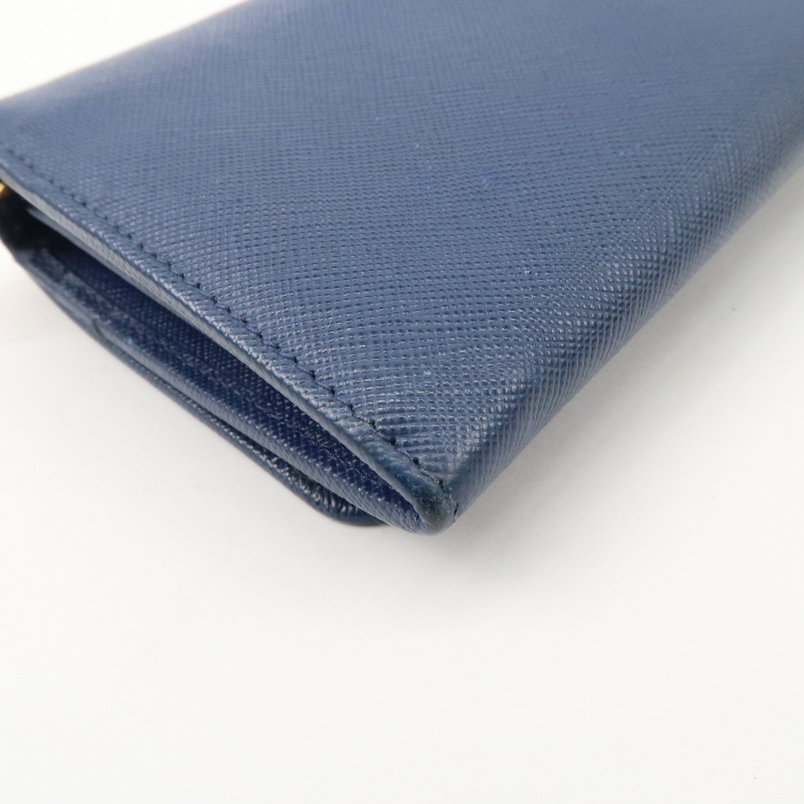 PRADA Logo Leather Chain Wallet WOC Blue Gold Hardware 1MT290 Used