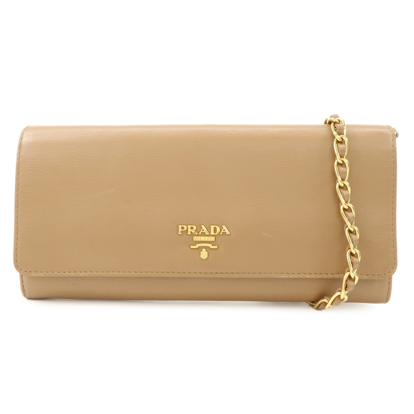 PRADA Logo Leather Chain Wallet WOC Beige Gold Hardware 1MT290 Used