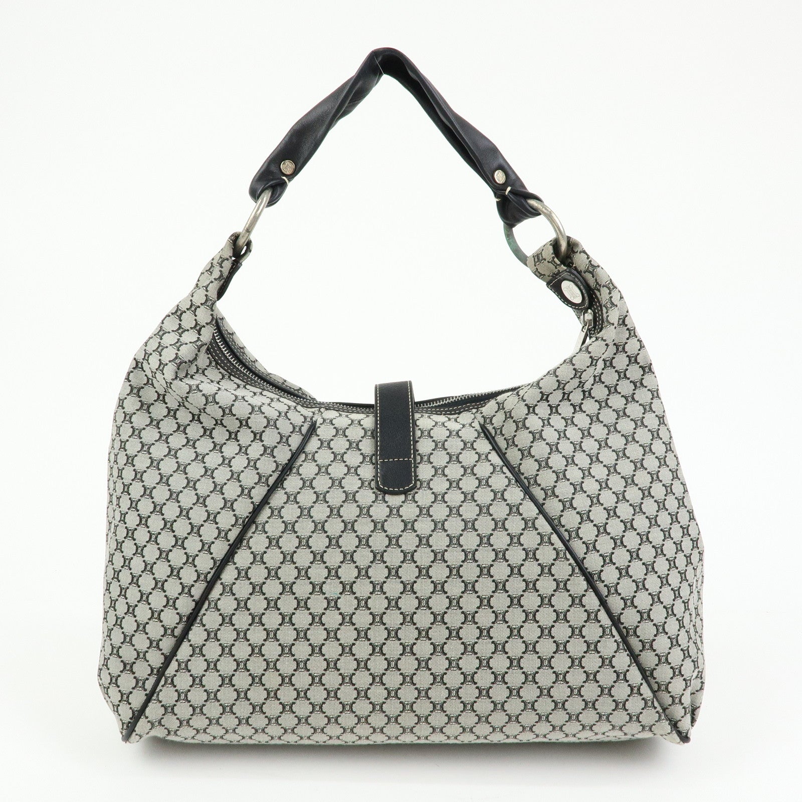 CELINE Macadam Canvas Leather Shoulder Bag Grey Black Silver