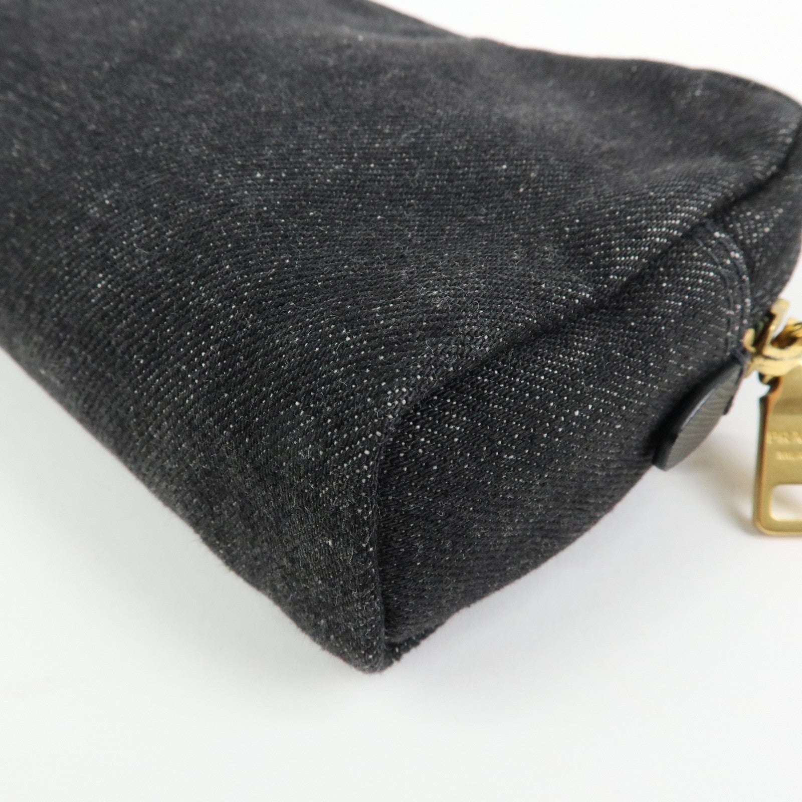 PRADA Triangle Logo Denim Cosmetic Pouch Black Gold
