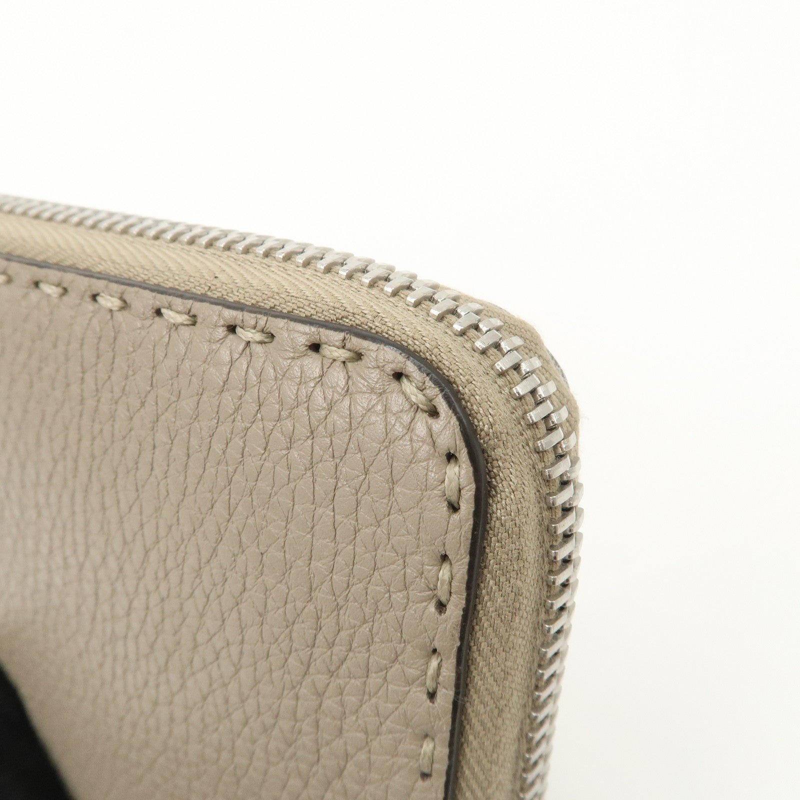 FENDI Selleria Leather Zip Around Long Wallet Greige 8M0374 Used