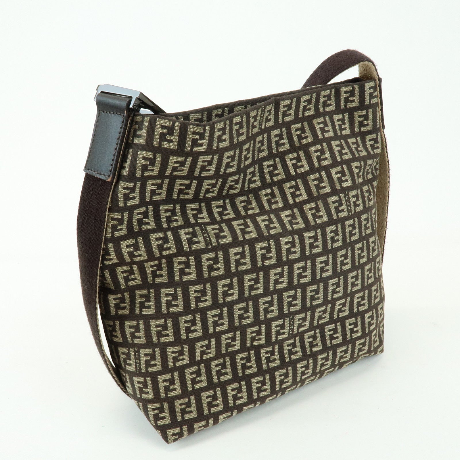 FENDI Zucchino Jacquard Canvas Leather Shoulder Bag Brown 8BR317