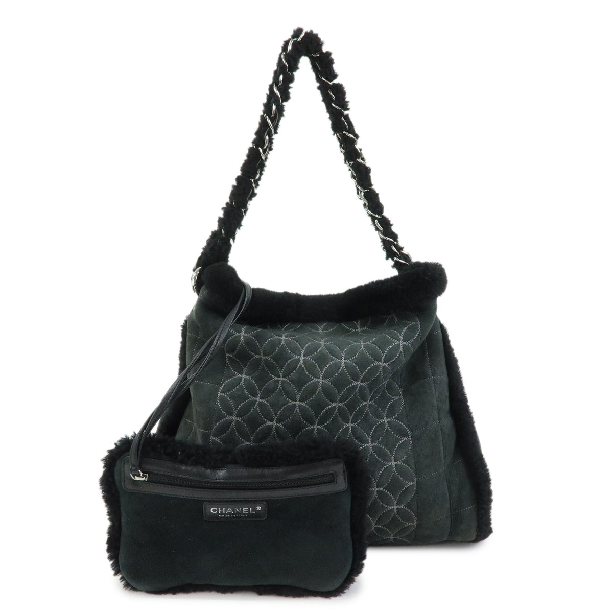 CHANEL Camellia COCO Mark Mouton Suede Chain Shoulder Bag Black