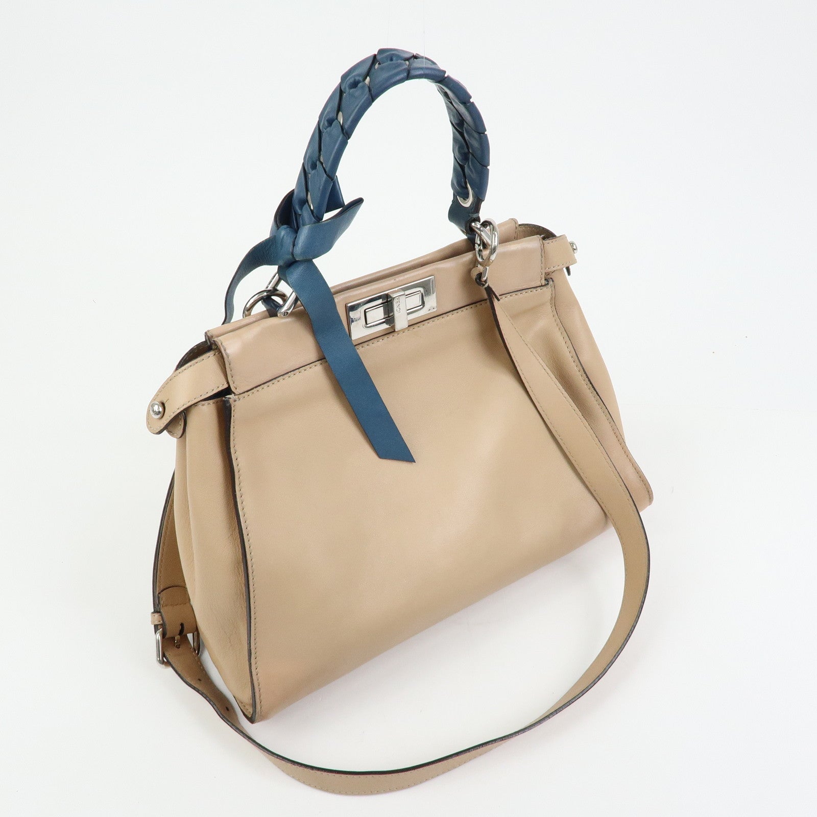 FENDI Peekaboo Medium Leather 2Way Bag Hand Shoulder Bag Beige 8BN290