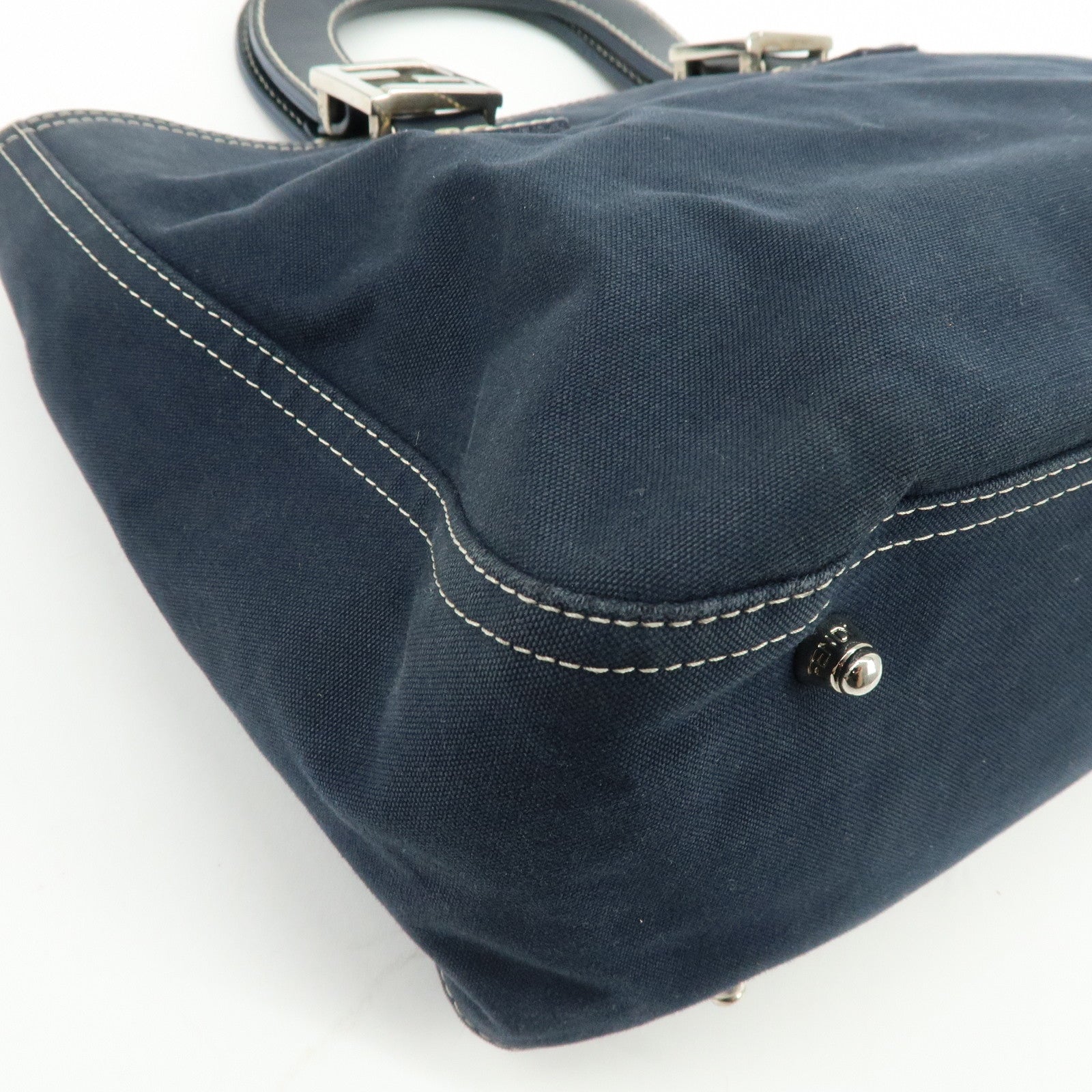 FENDI Canvas Leather Tote Bag Hand Bag White Stitch Navy 26693