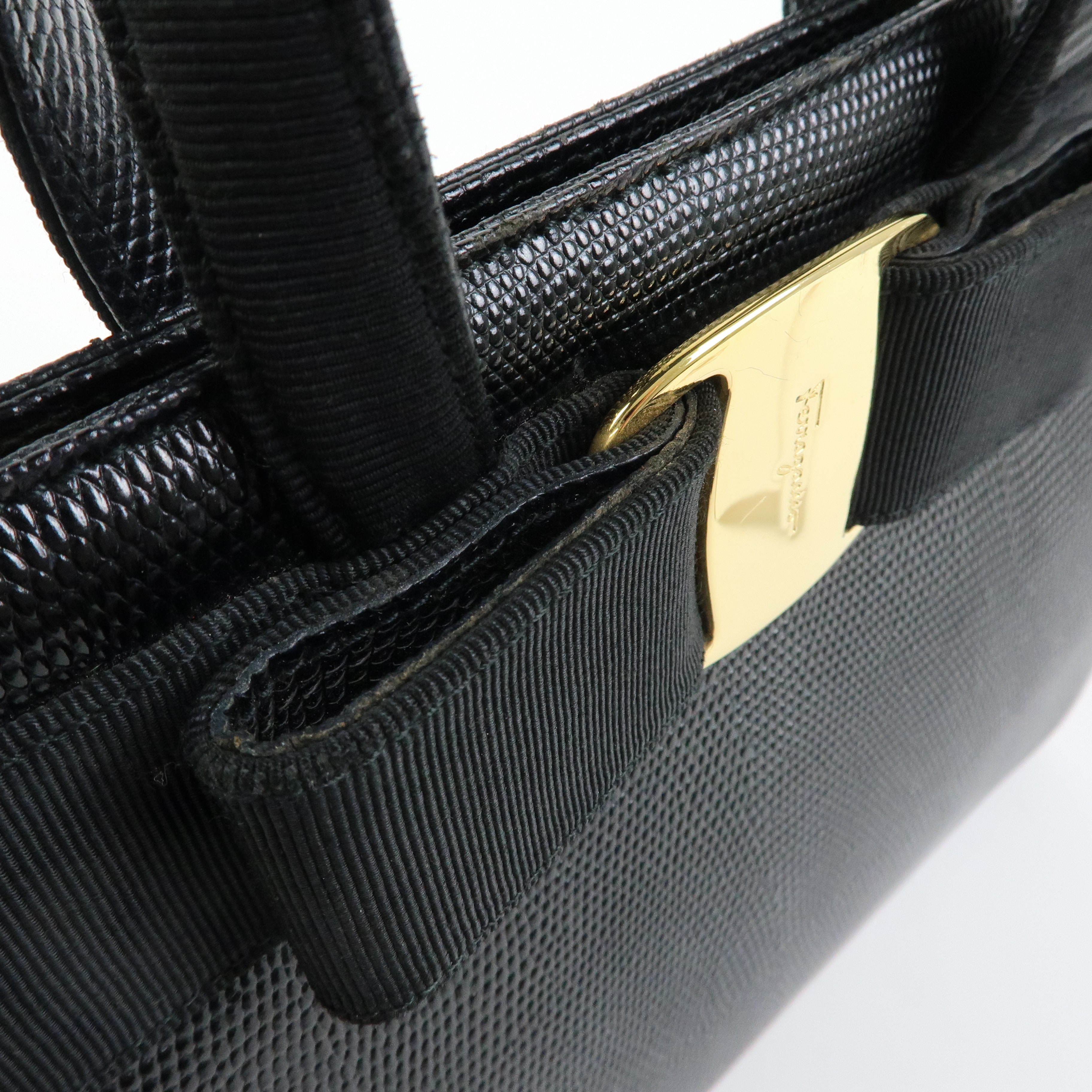 Ferragamo Vara Ribbon Embossed Leather Canvas 2Way Hand Bag Black