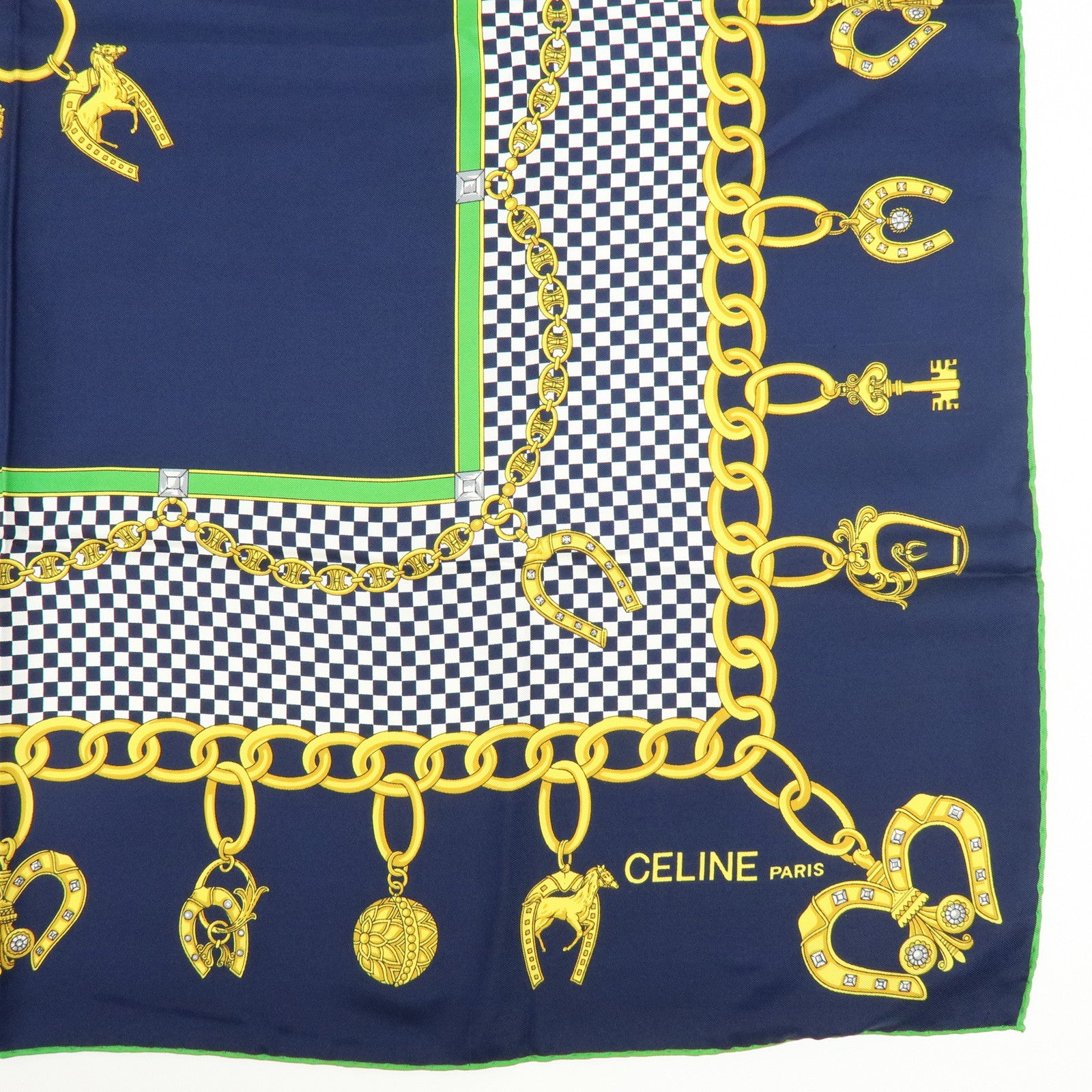 CELINE Set of 2 Silk Cotton Handkerchief Scarf Chain Motif Black Gold
