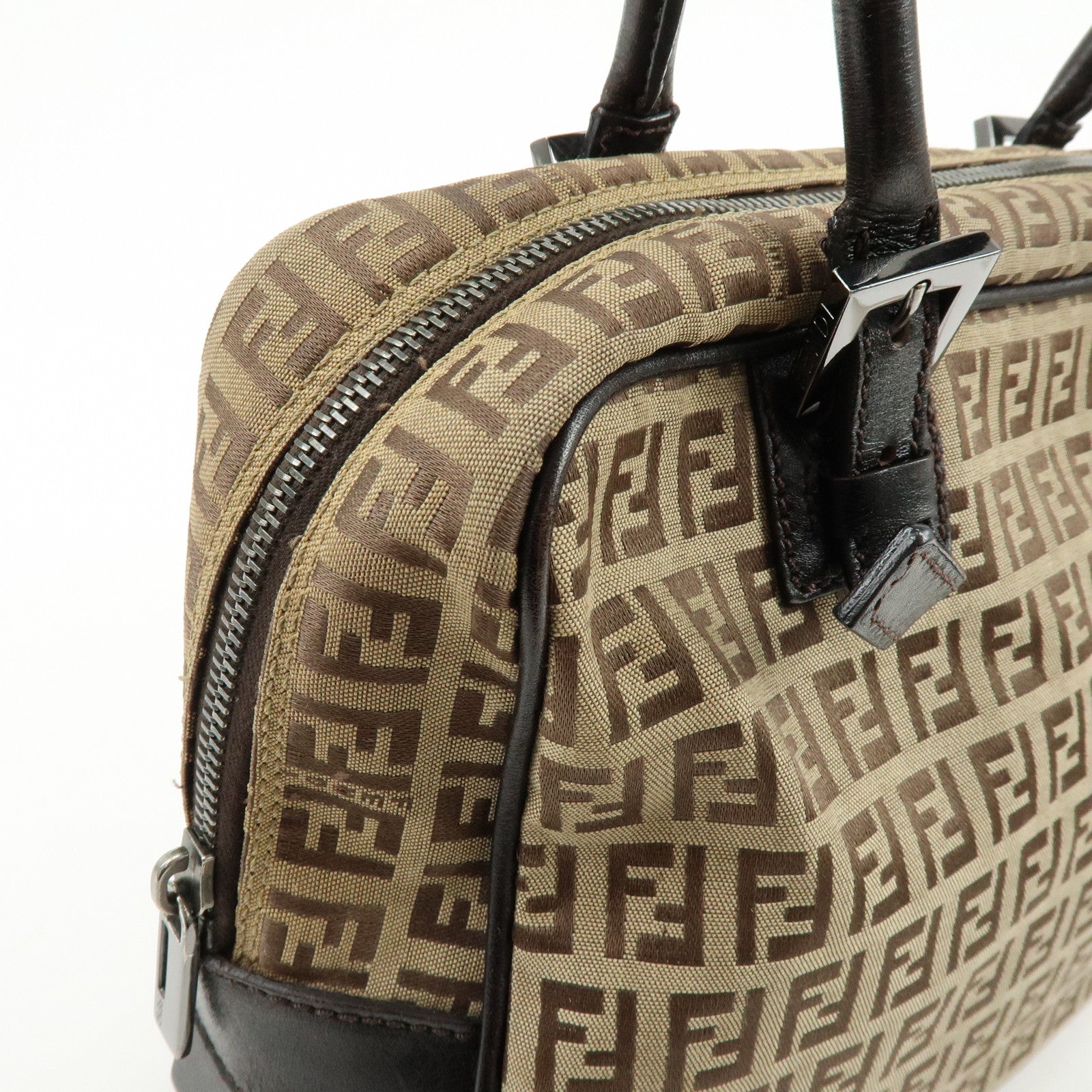 FENDI Zucchino Canvas Leather Boston Bag Shoulder Bag Beige 8BN005