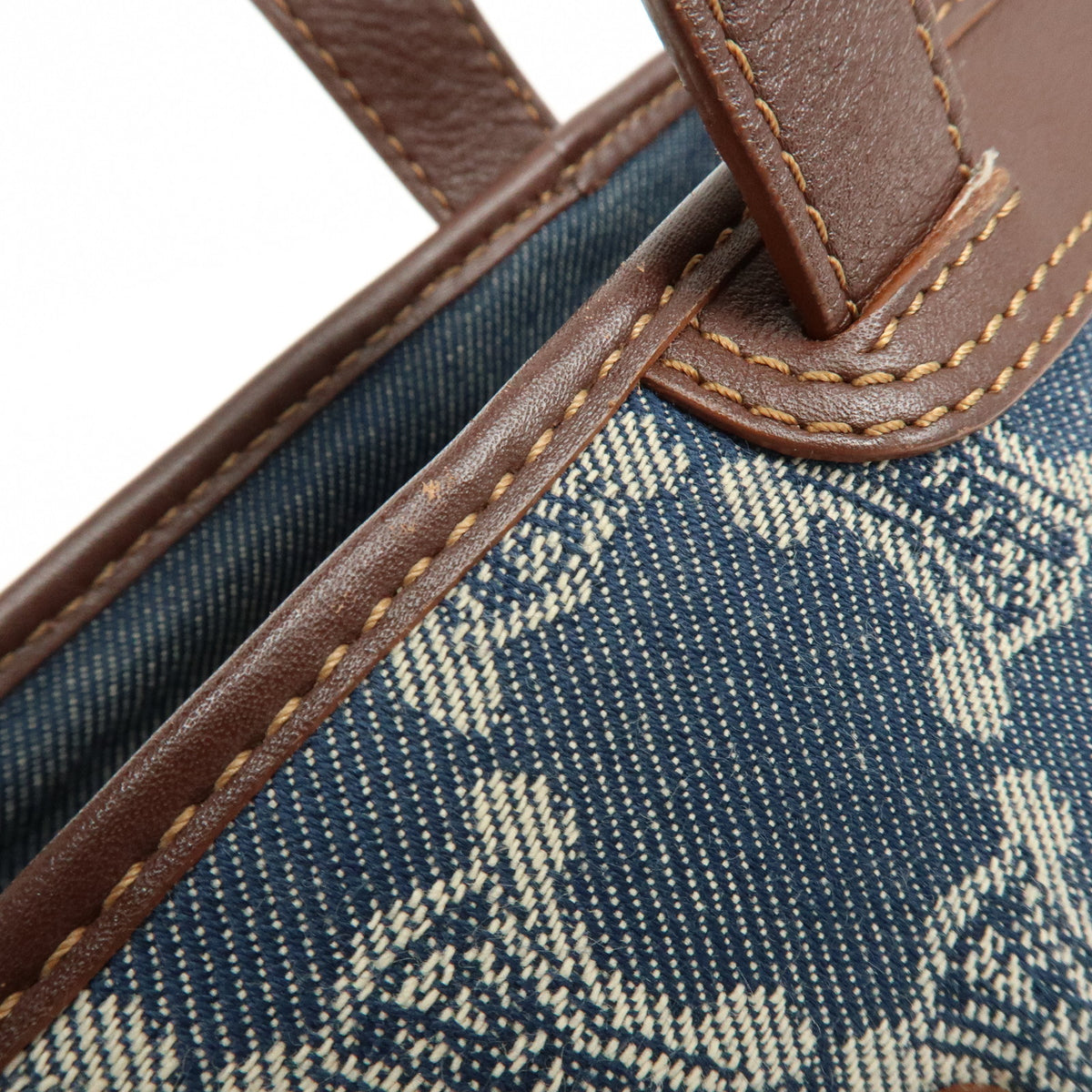 CELINE Paris Macadam Denim Leather Mini Tote Hand Bag Navy Brown