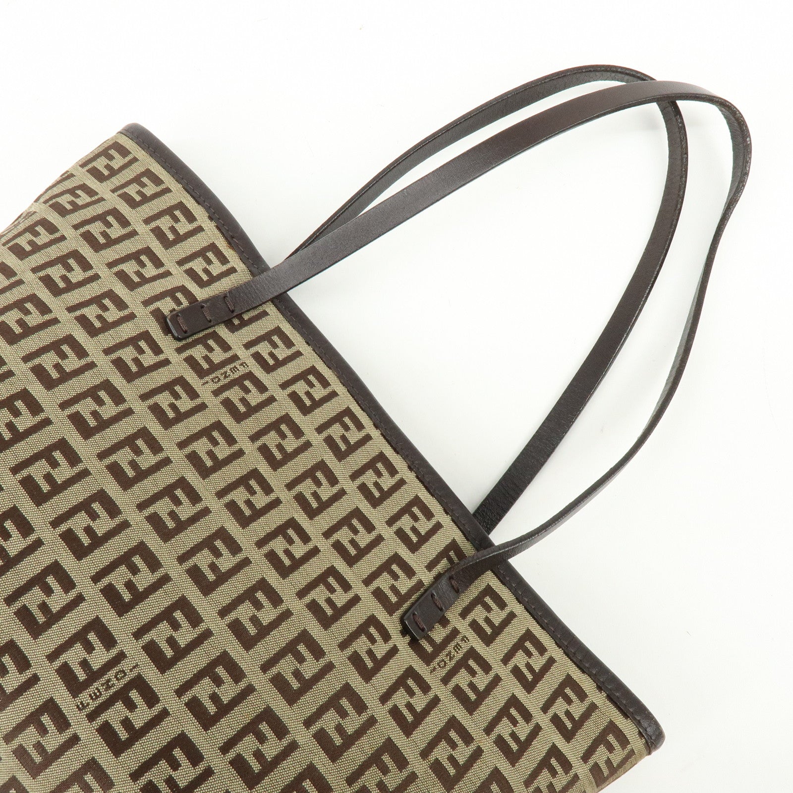 FENDI Zucchino Canvas Leather Tote Bag Hand Bag Shoulder Bag Brown