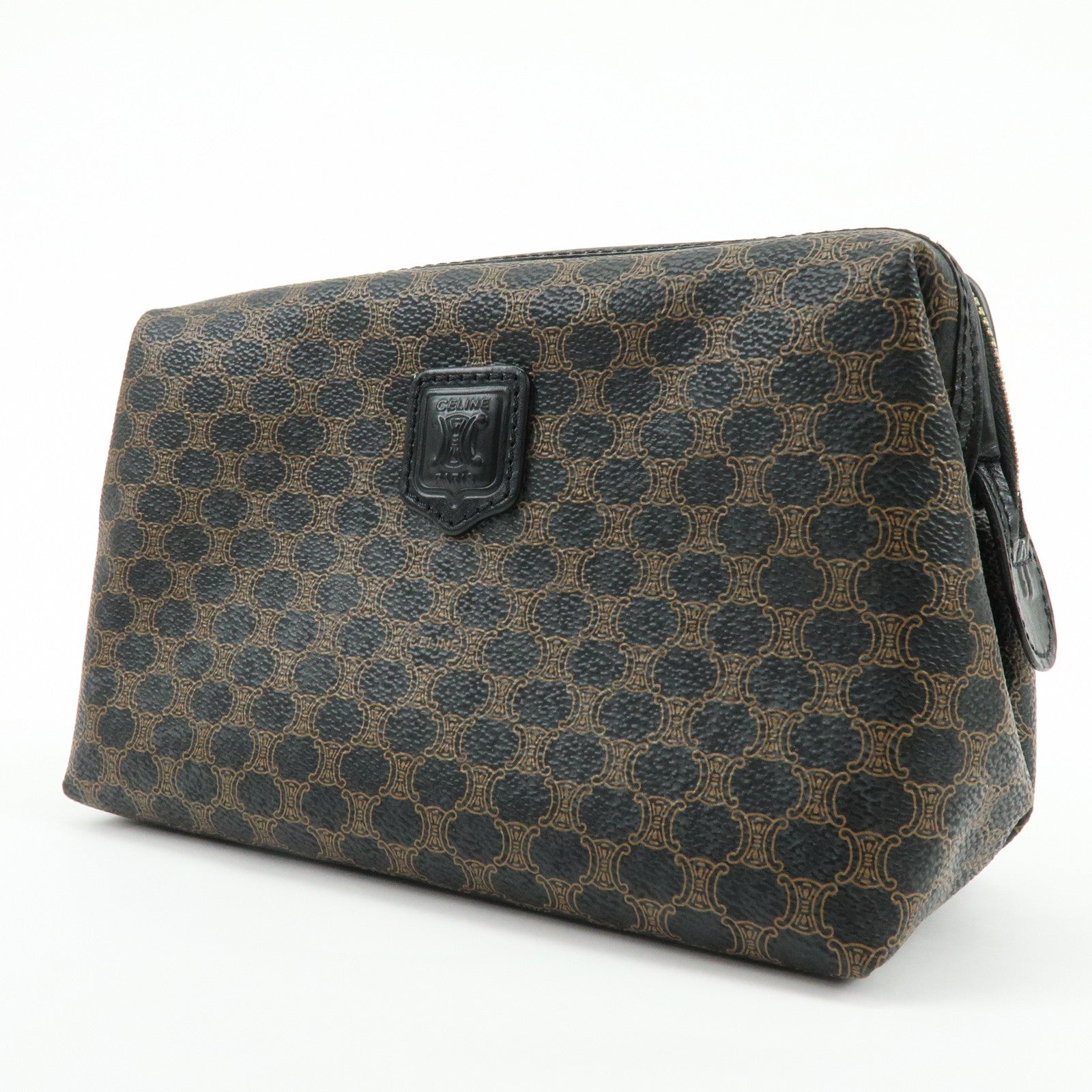 CELINE Macadam PVC Leather Pouch Cosmetic Case Dark Brown Black