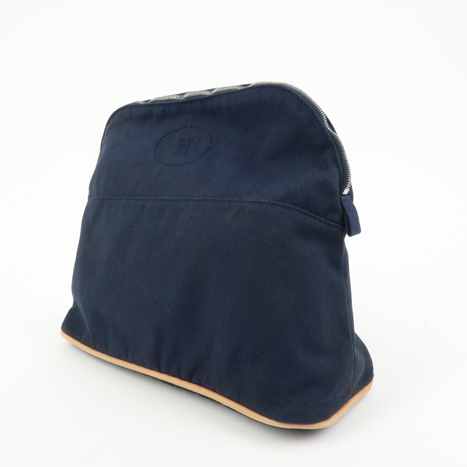 HERMES Bolide Pouch GM Cotton Leather Cosmetic Pouch Navy