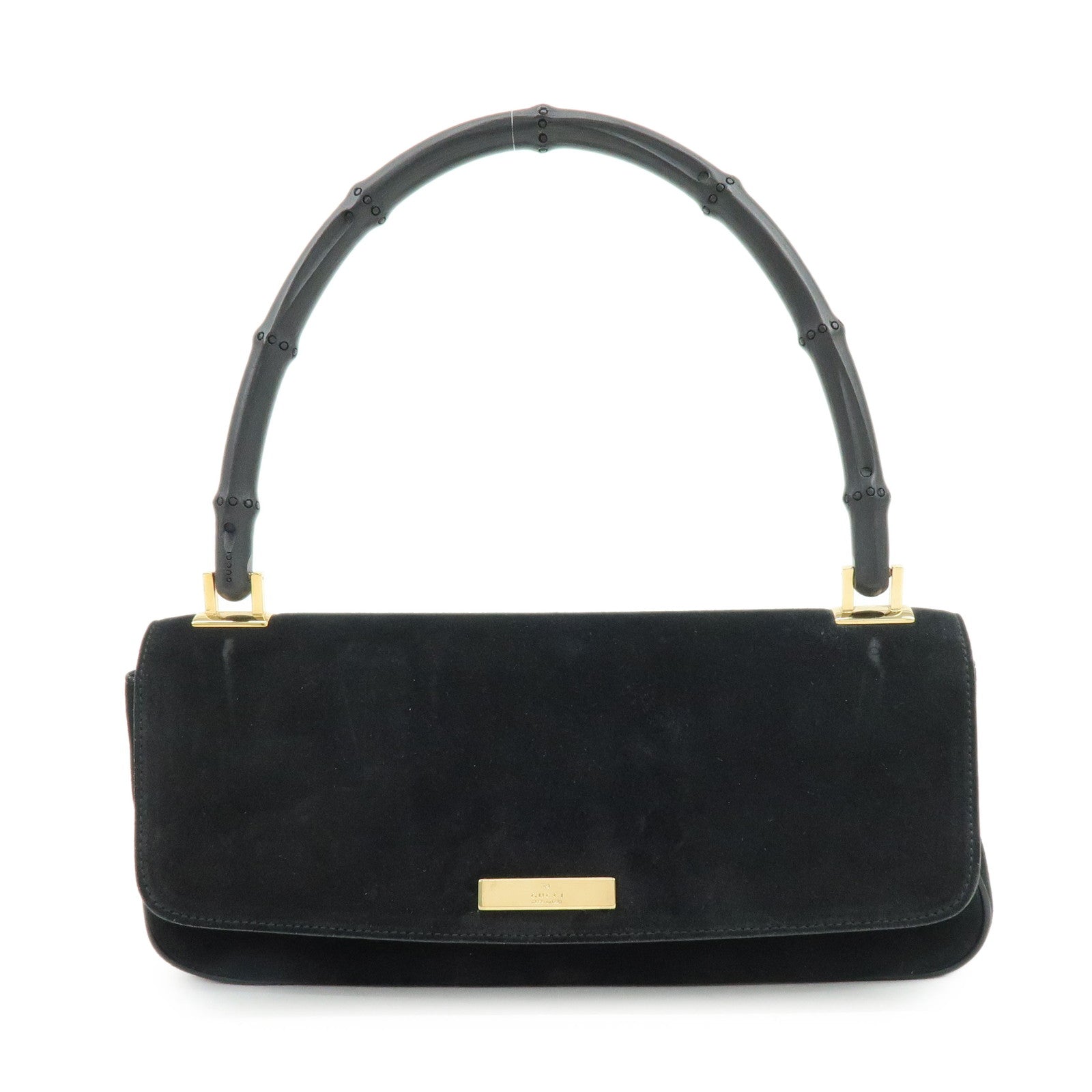 GUCCI Bamboo Suede Shoulder Bag Hand Bag Black 001998
