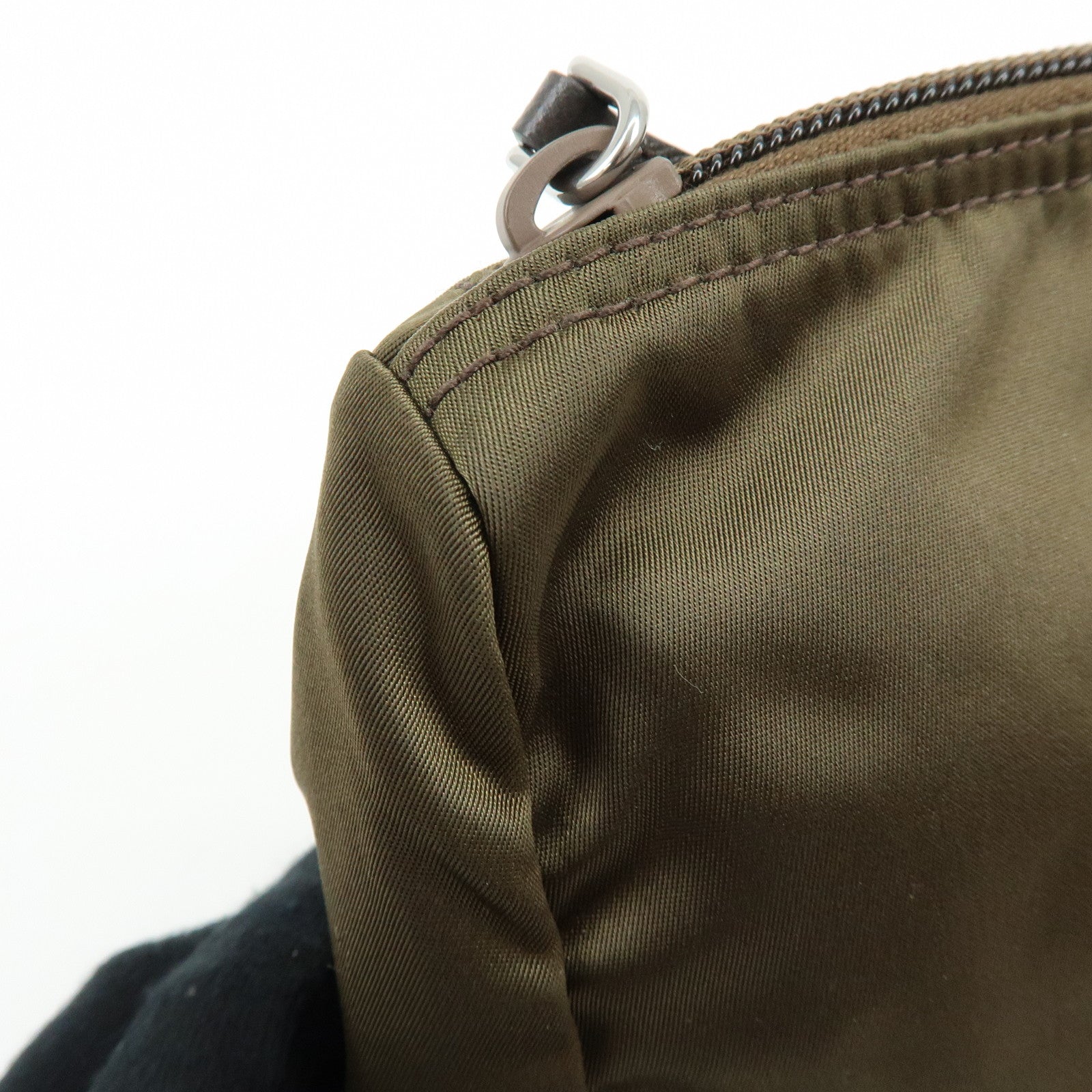 PRADA Triangle Logo Nylon Leather Pouch Cosmetic Makeup Bag Khaki