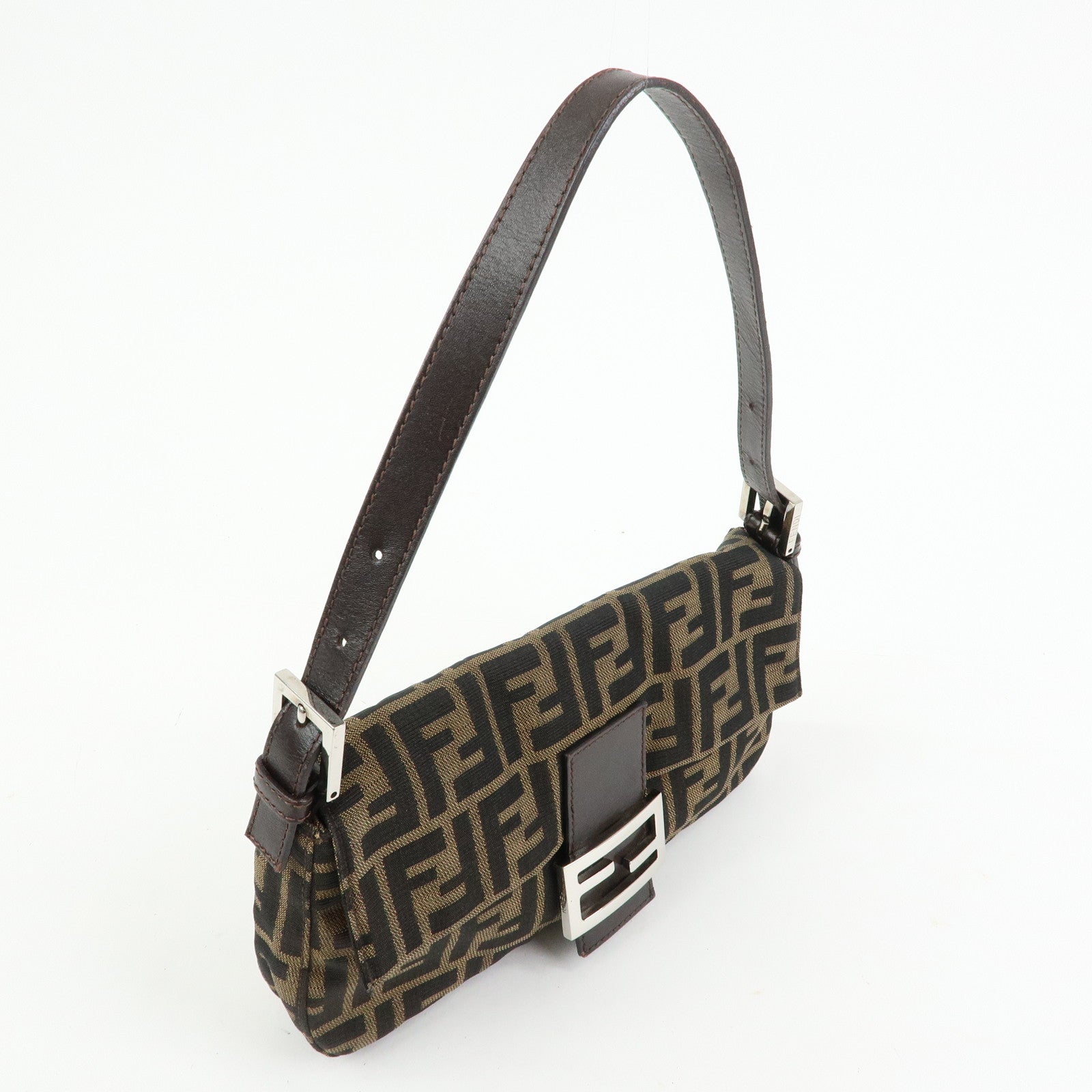 FENDI Mamma Baguette Zucca Canvas Leather Shoulder Bag Brown 26424
