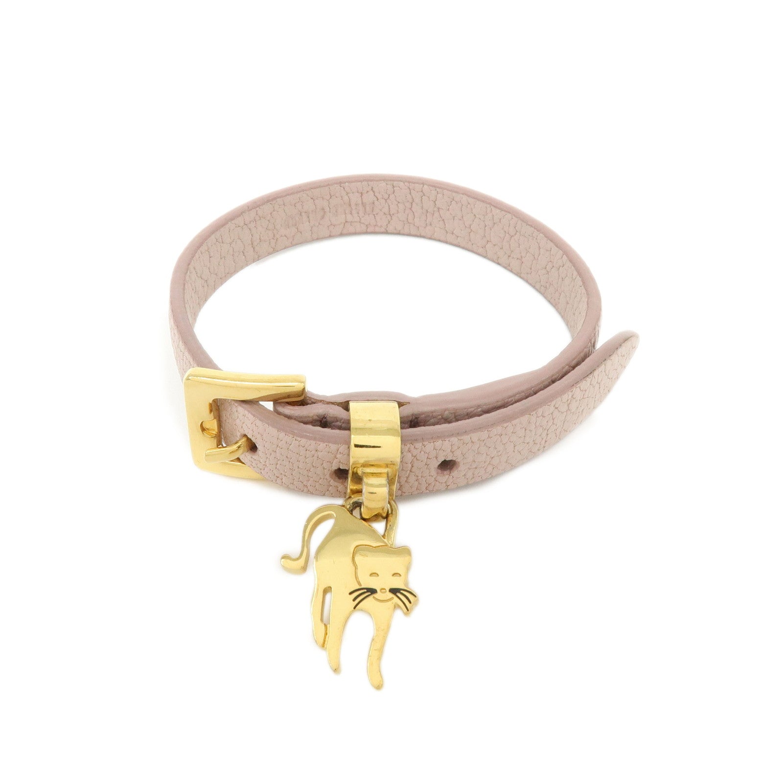 MIU MIU Madras Leather Metal Bracelet Cat Motif Pink 51B090